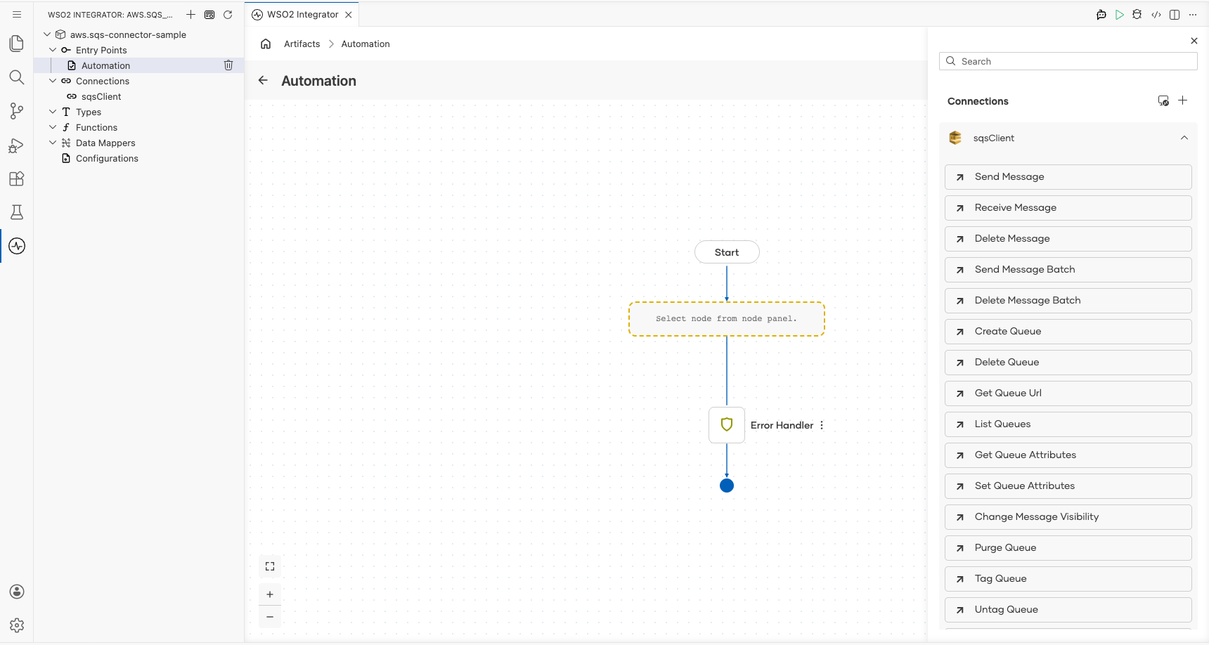 AWS SQS connection node expanded showing all available operations before selection
