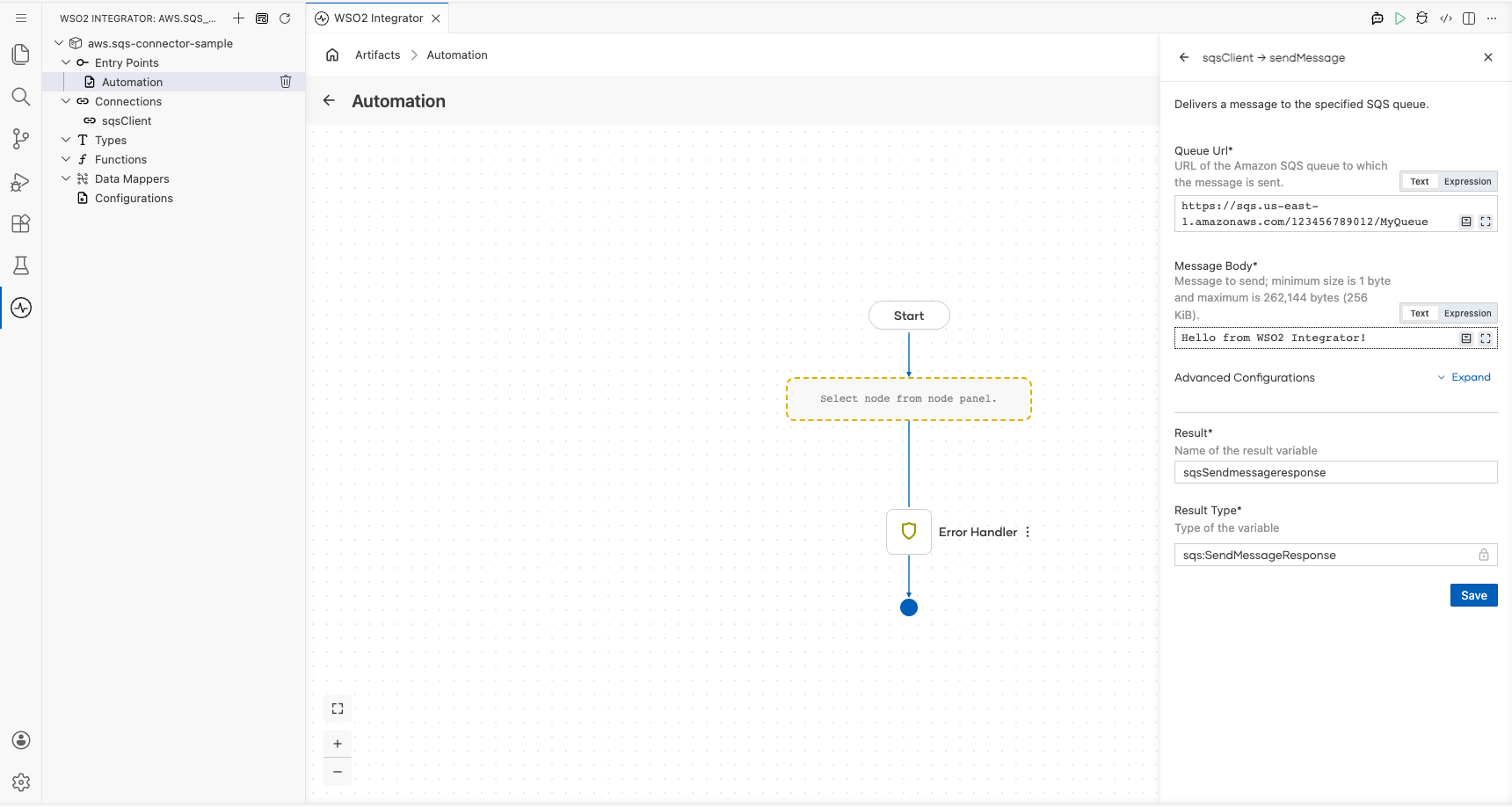 AWS SQS sendMessage operation configuration filled with all values