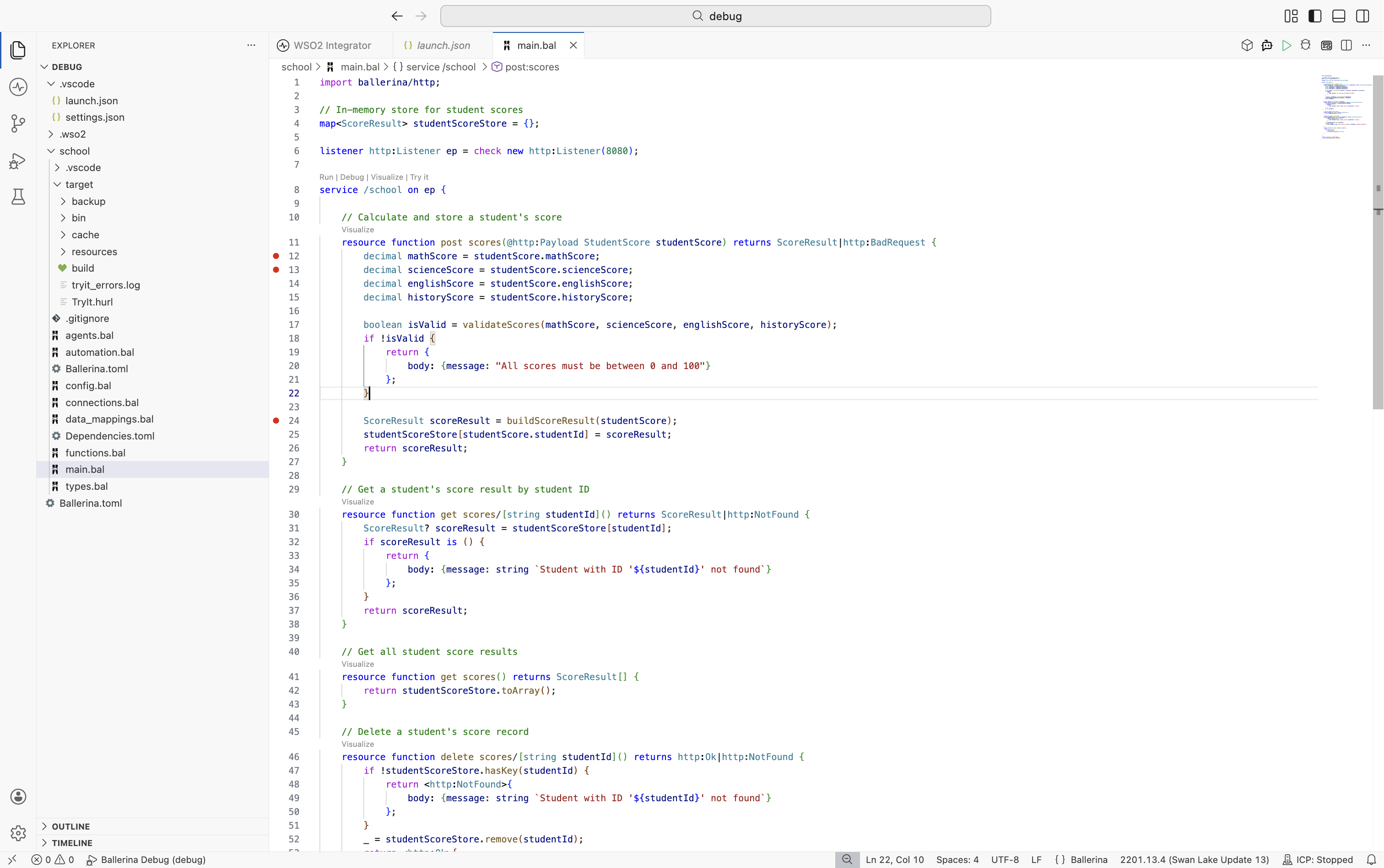Breakpoint set in the Ballerina code editor