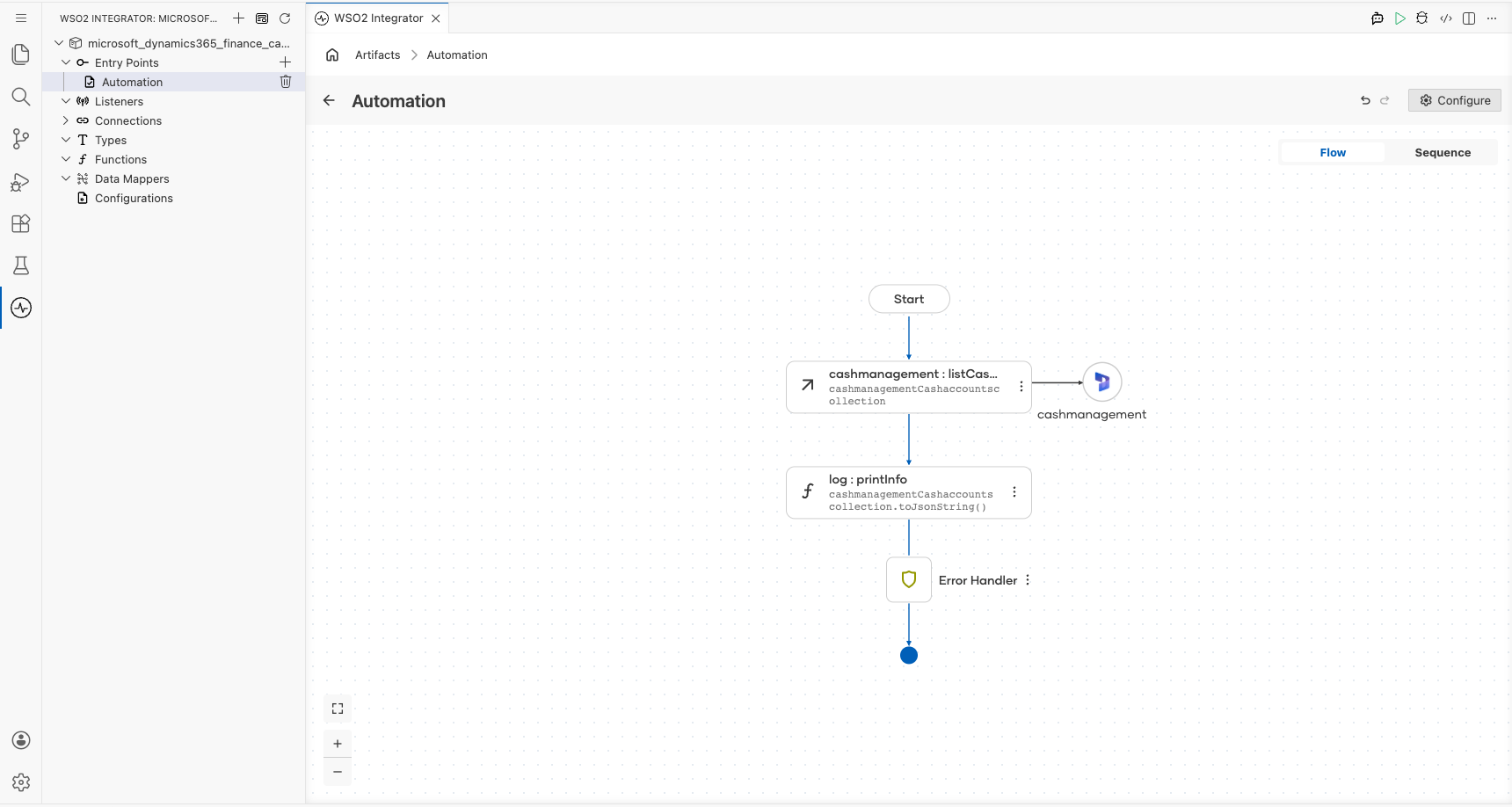 Completed Microsoft Dynamics 365 Finance Cash Management flow with the configured List Cash Accounts operation