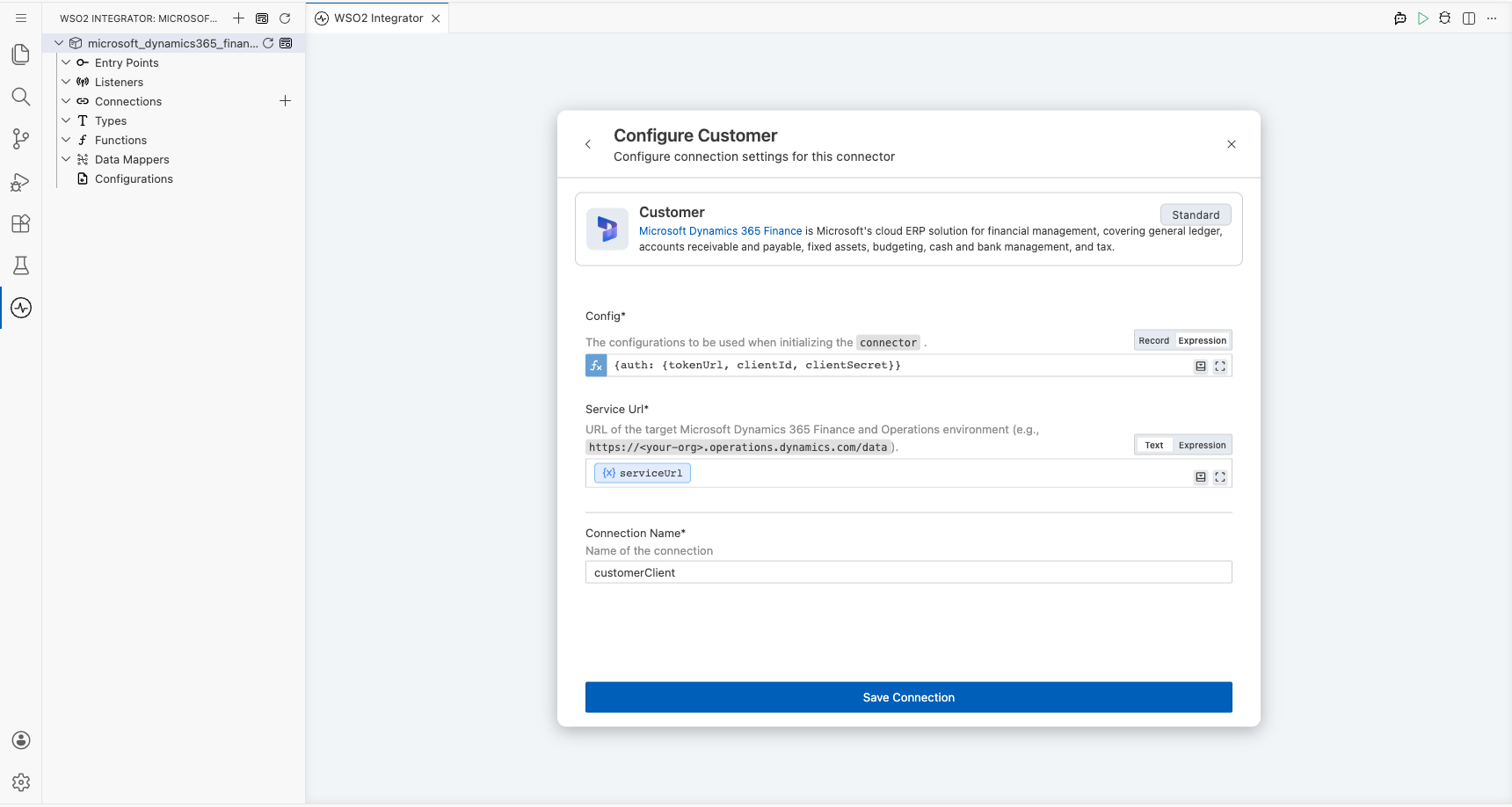 Microsoft Dynamics 365 Finance Customer connection form with all parameters bound before saving