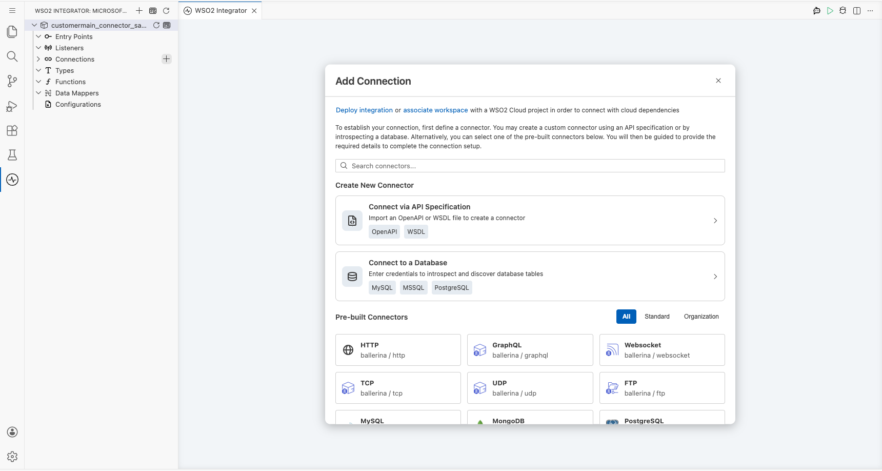 Microsoft Dynamics 365 Finance Customer Main connector palette open before selection