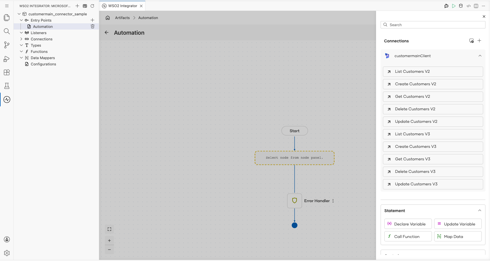 Microsoft Dynamics 365 Finance Customer Main connection expanded to display operations before selection