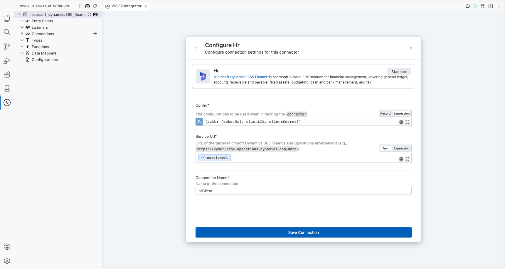 Microsoft Dynamics 365 Finance HR connection form with all parameters bound before saving