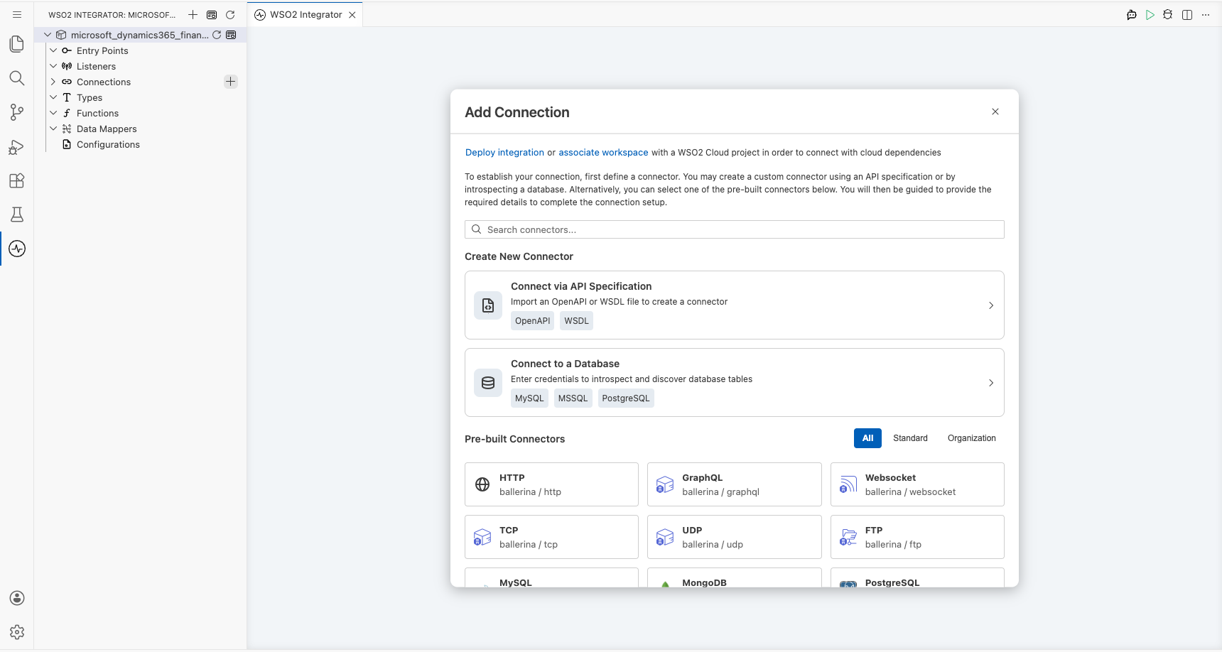Microsoft Dynamics 365 Finance Procurement connector palette open before selection