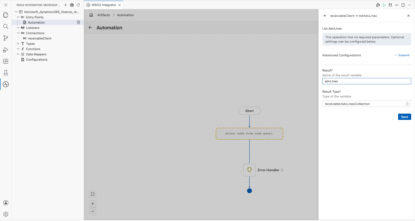 Microsoft Dynamics 365 Finance Receivable List Adv Lines operation with all values entered before saving