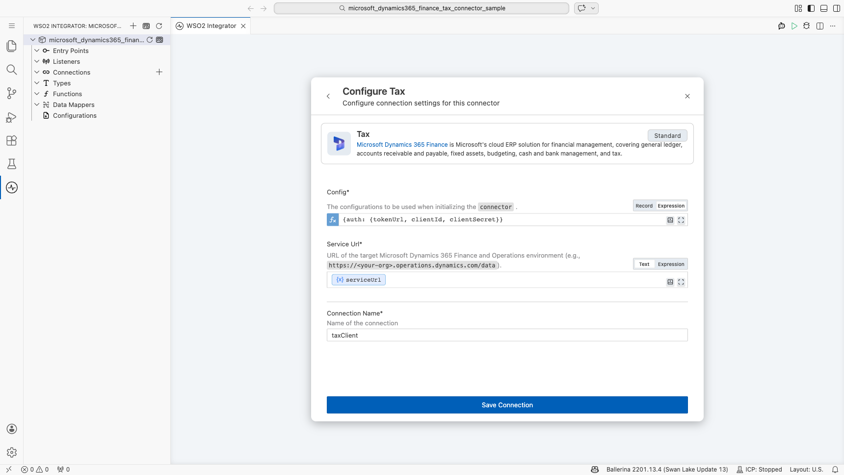 Microsoft Dynamics 365 Finance Tax connection form with all parameters bound before saving