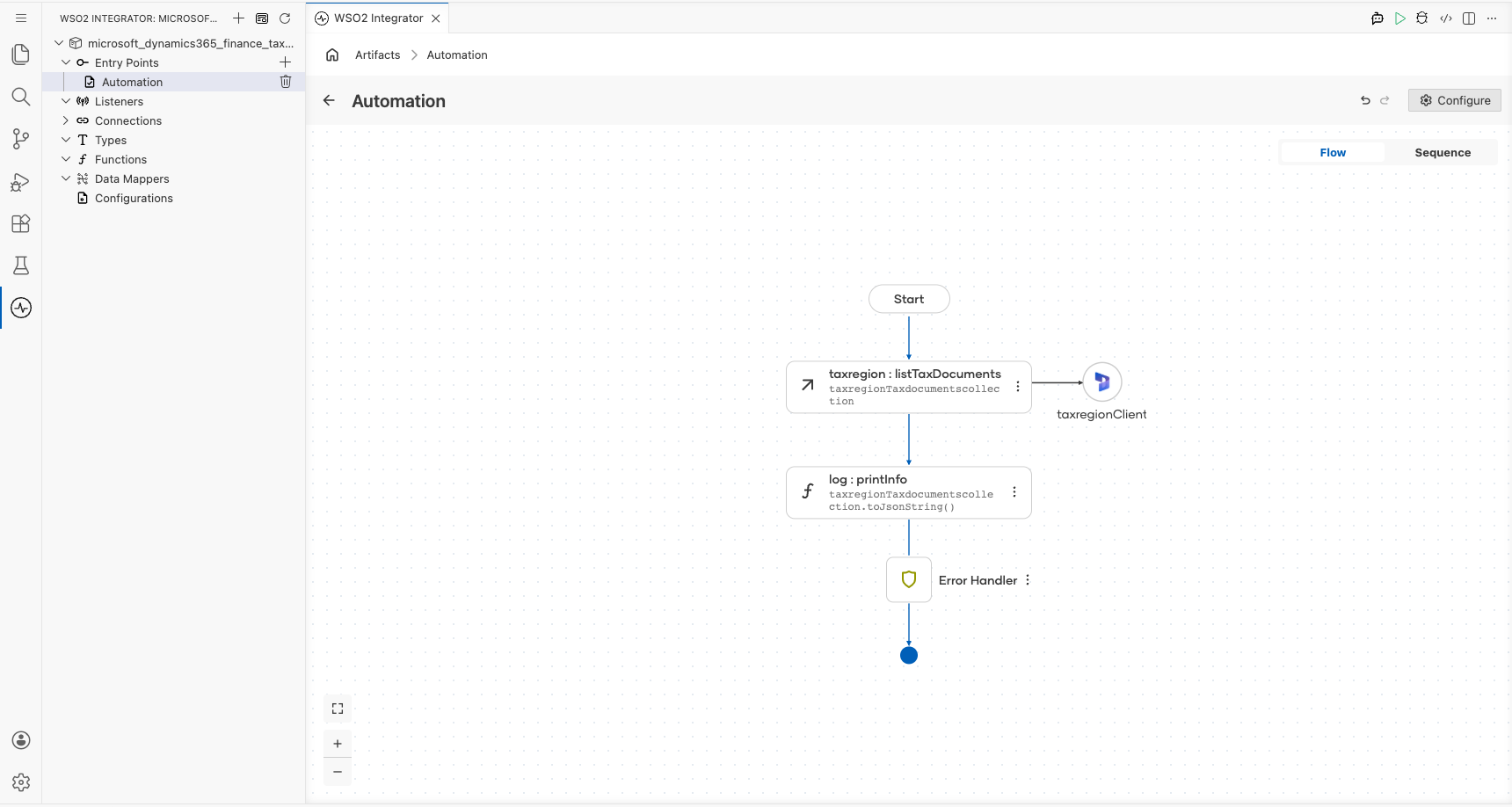 Completed Microsoft Dynamics 365 Finance Tax Region flow with the configured List Tax Documents operation