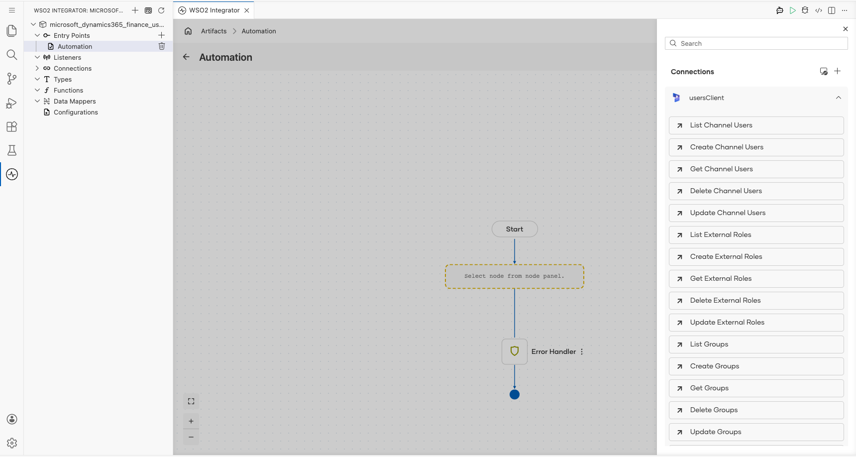 Microsoft Dynamics 365 Finance Users connection expanded to display operations before selection