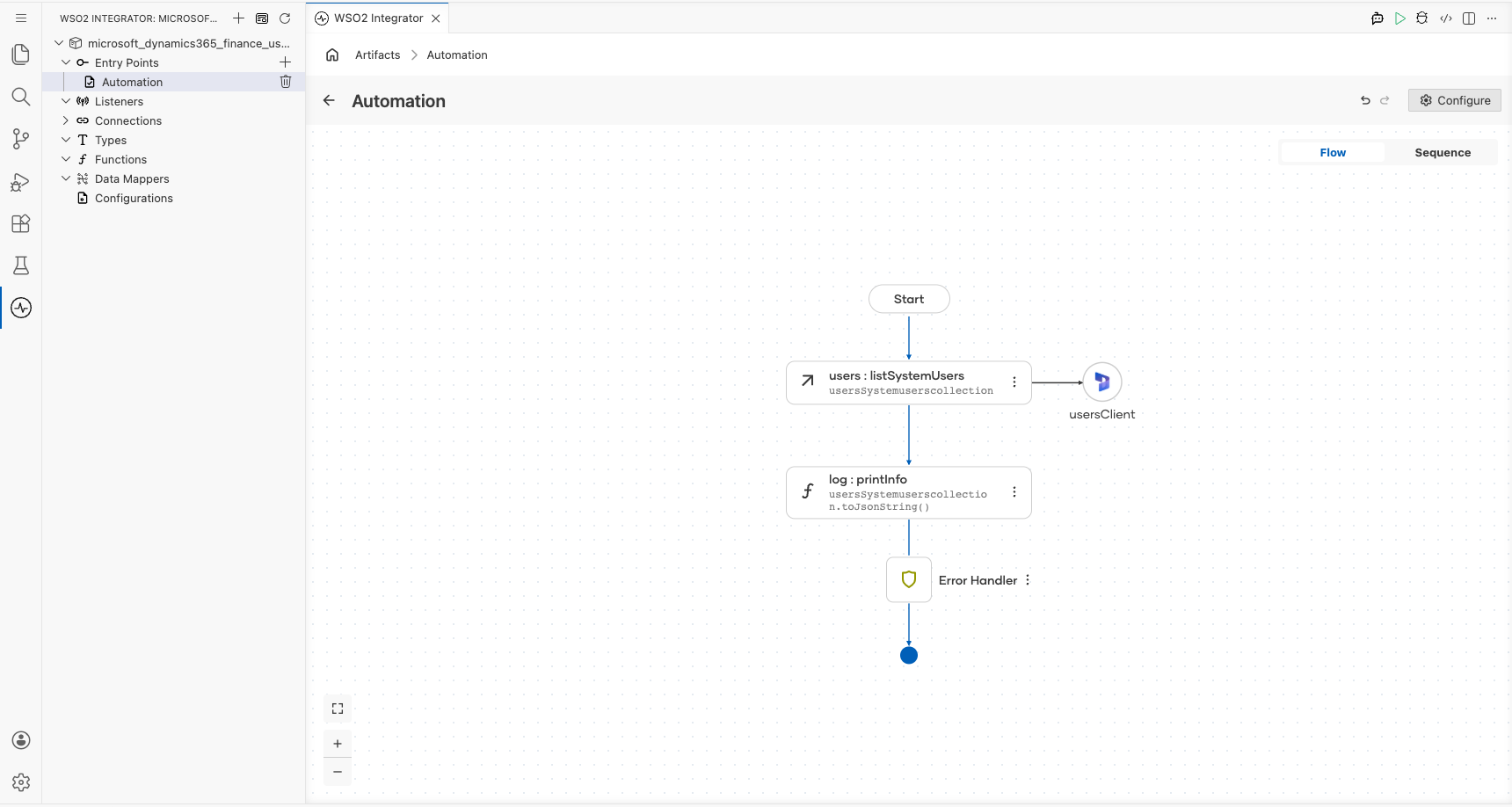 Completed Microsoft Dynamics 365 Finance Users flow with the configured operation