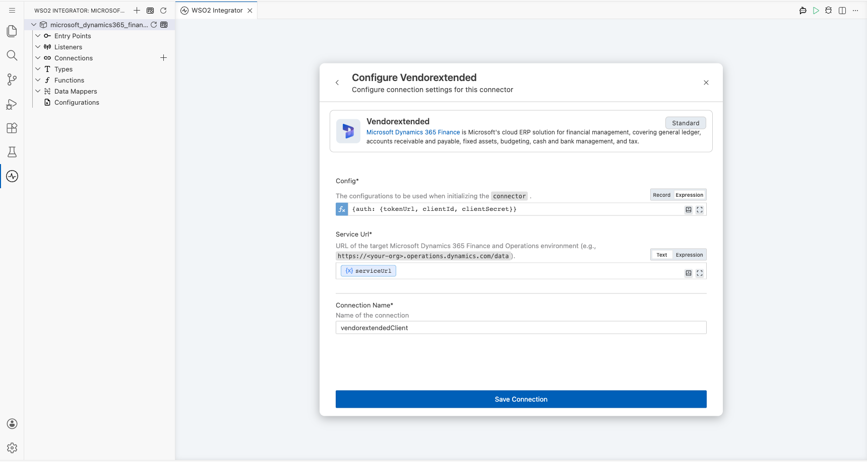 Microsoft Dynamics 365 Finance Vendor Extended connection form with all parameters bound before saving