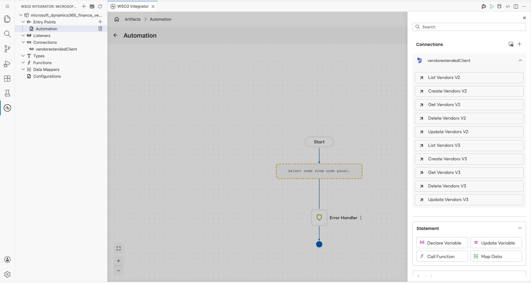 Microsoft Dynamics 365 Finance Vendor Extended connection expanded to display operations before selection