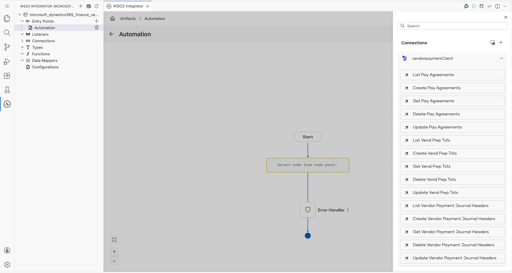 Microsoft Dynamics 365 Finance Vendor Payment connection expanded to display operations before selection