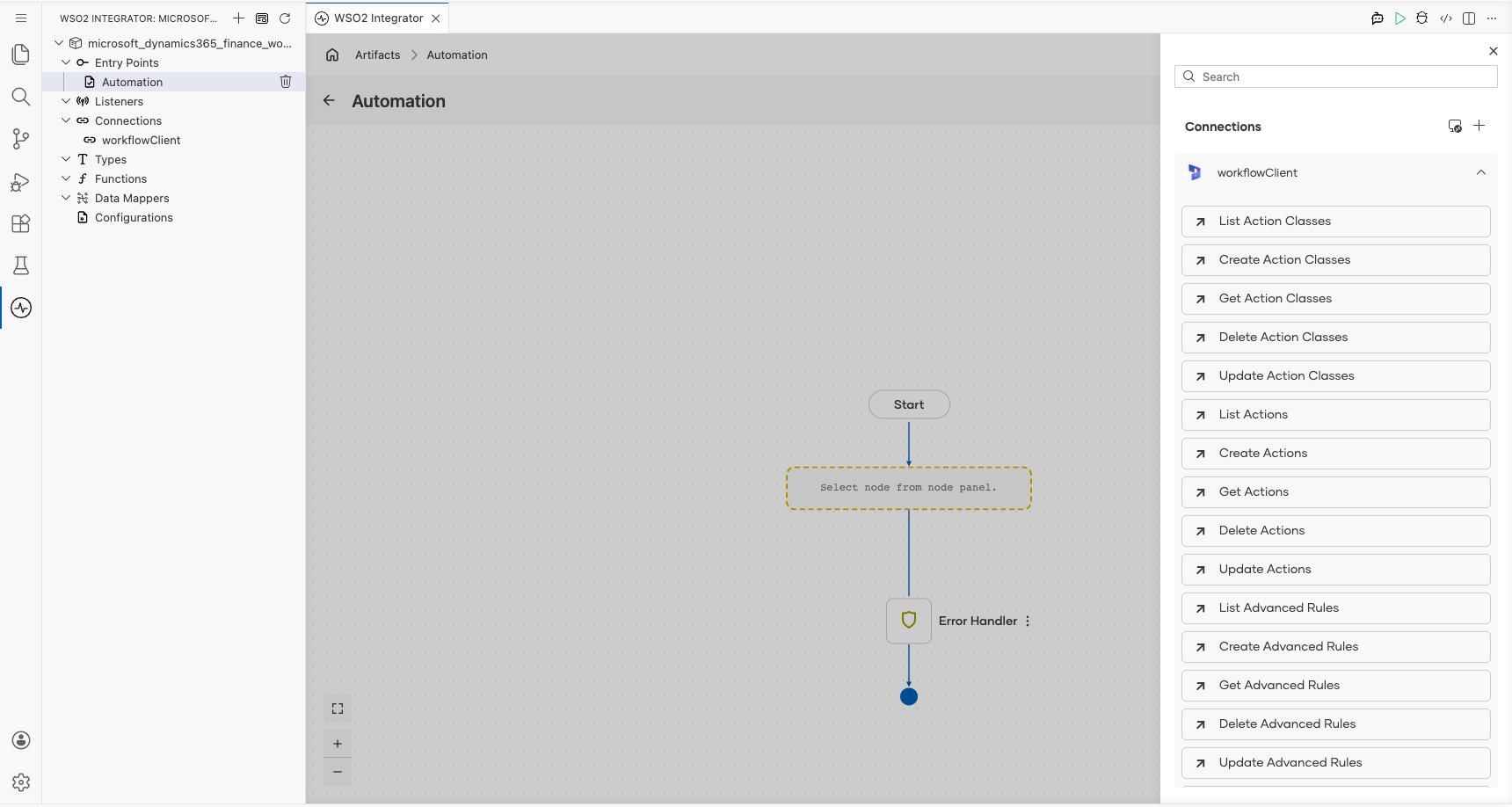 Microsoft Dynamics 365 Finance Workflow connection expanded to display operations before selection