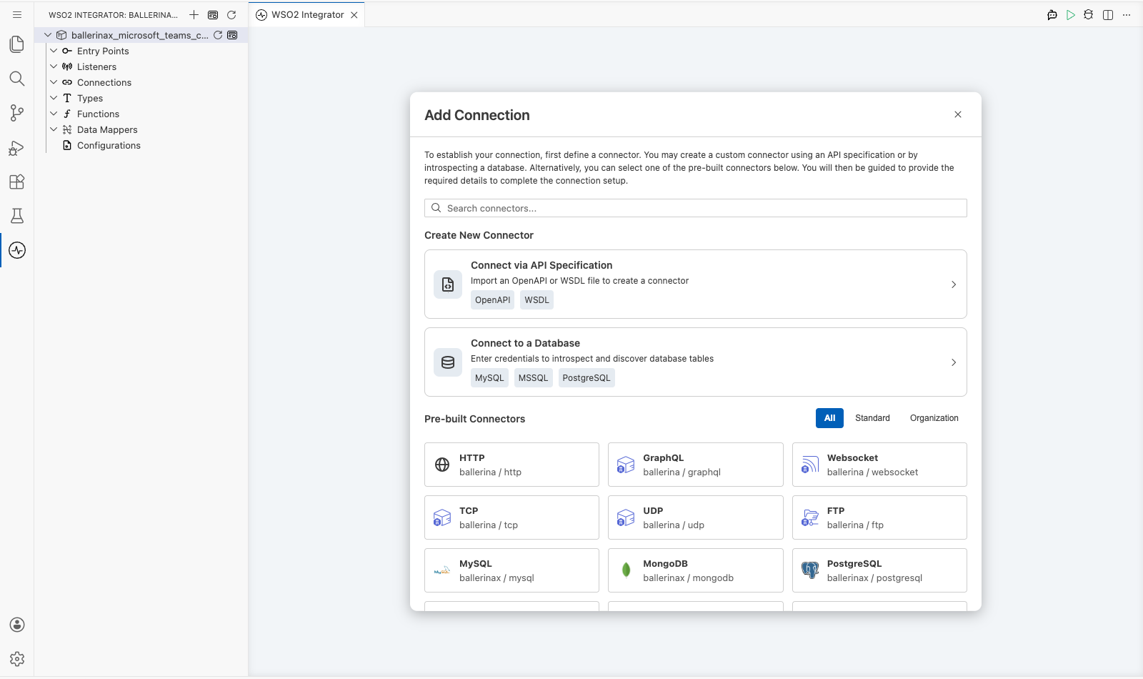 Microsoft Teams connector palette open before selection