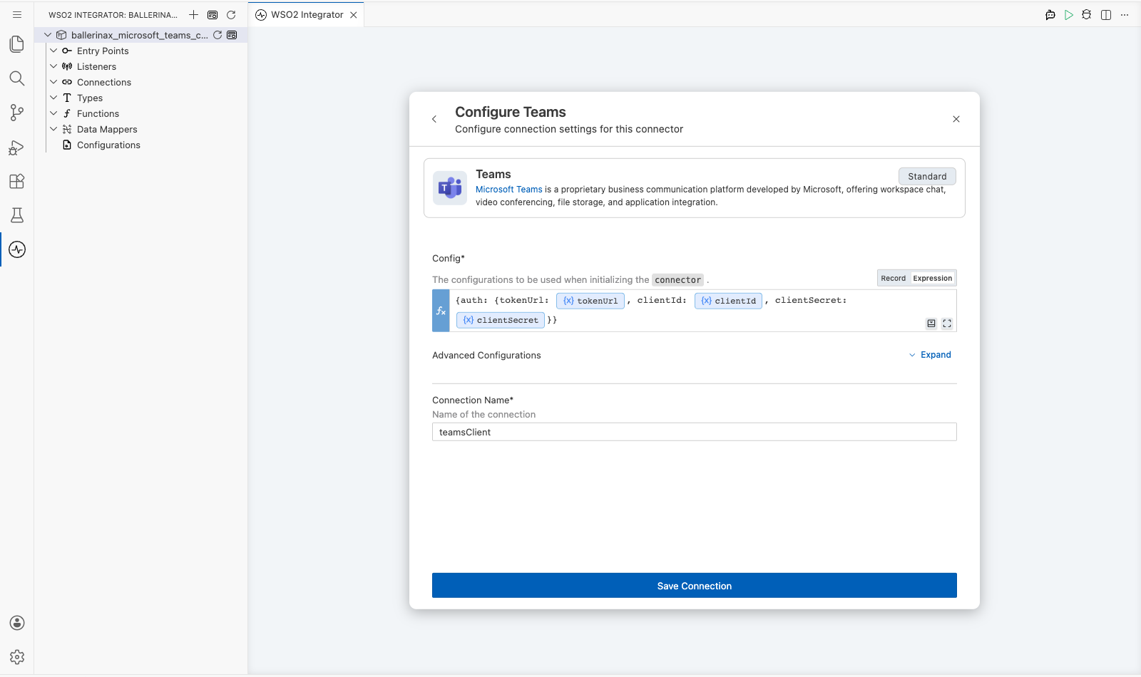 Microsoft Teams connection form with all parameters bound before saving