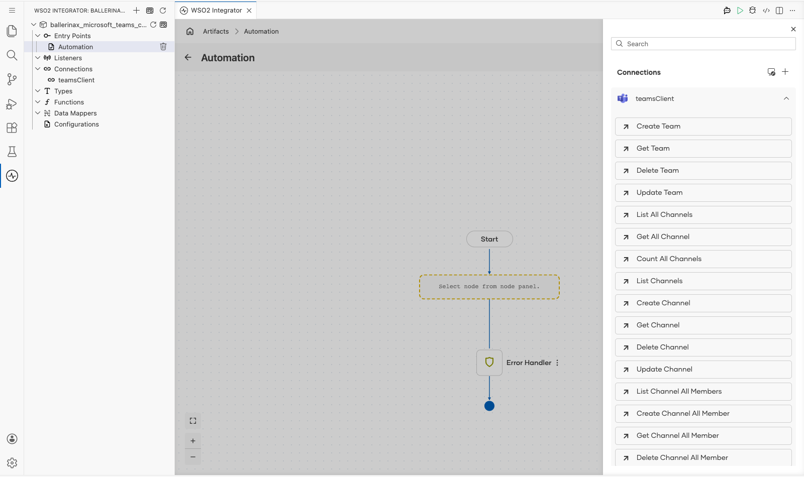 Microsoft Teams connection expanded to display operations before selection