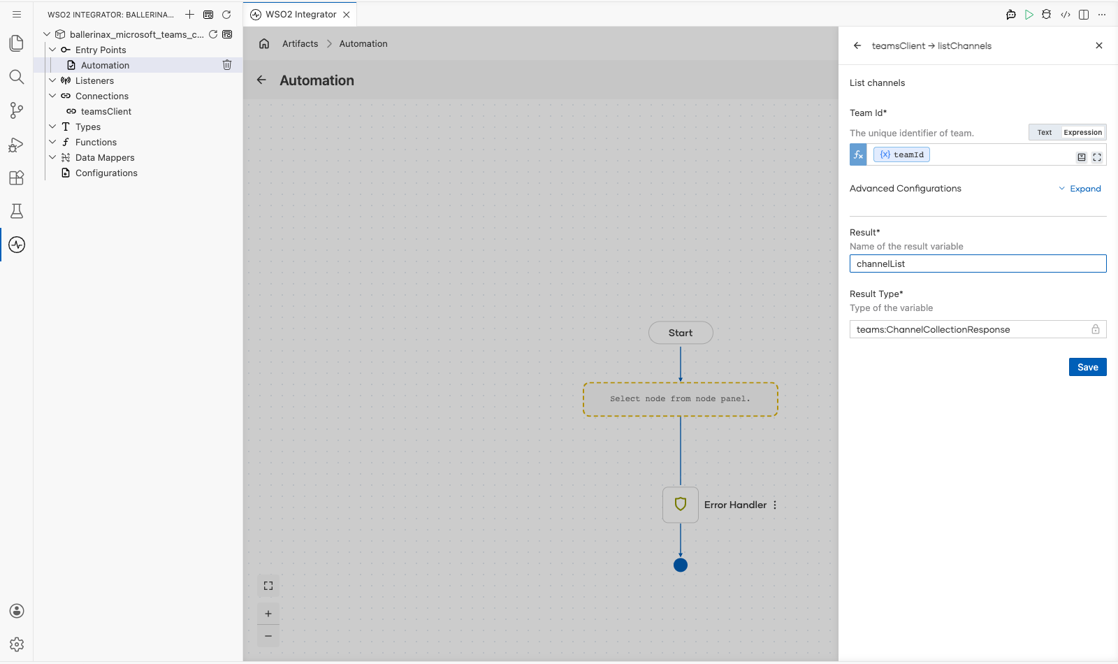 Microsoft Teams List Channels operation with all values entered before saving