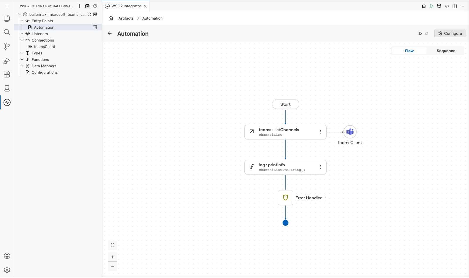 Completed Microsoft Teams flow with the configured operation and log step