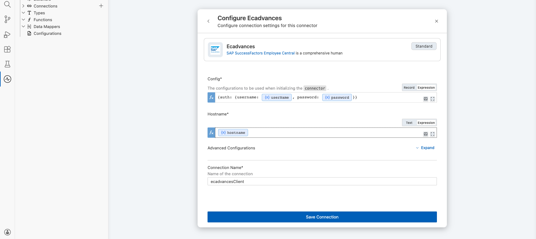 SAP SuccessFactors Employee Central Advances connection form with all parameters bound before saving