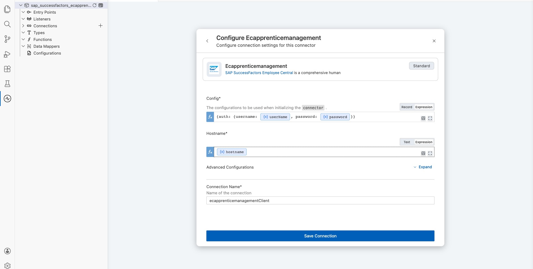 SAP SuccessFactors Employee Central Apprentice Management connection form with all parameters bound before saving
