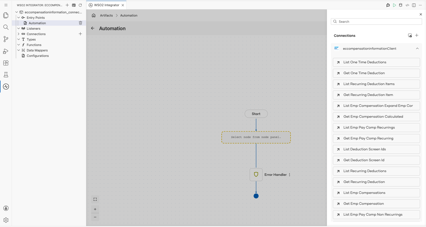 SAP SuccessFactors Employee Central Compensation Information connection expanded to display operations before selection