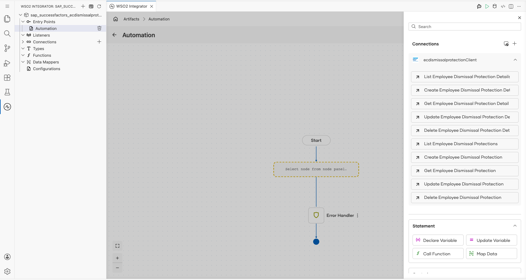 SAP SuccessFactors Employee Central Dismissal Protection connection expanded to display operations before selection