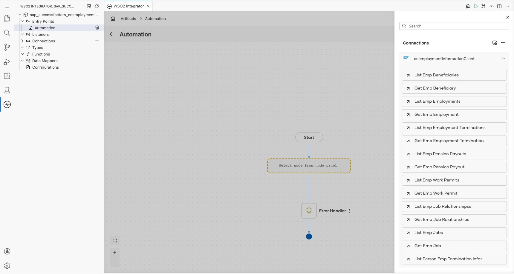 SAP SuccessFactors Employee Central Employment Information connection expanded to display operations before selection