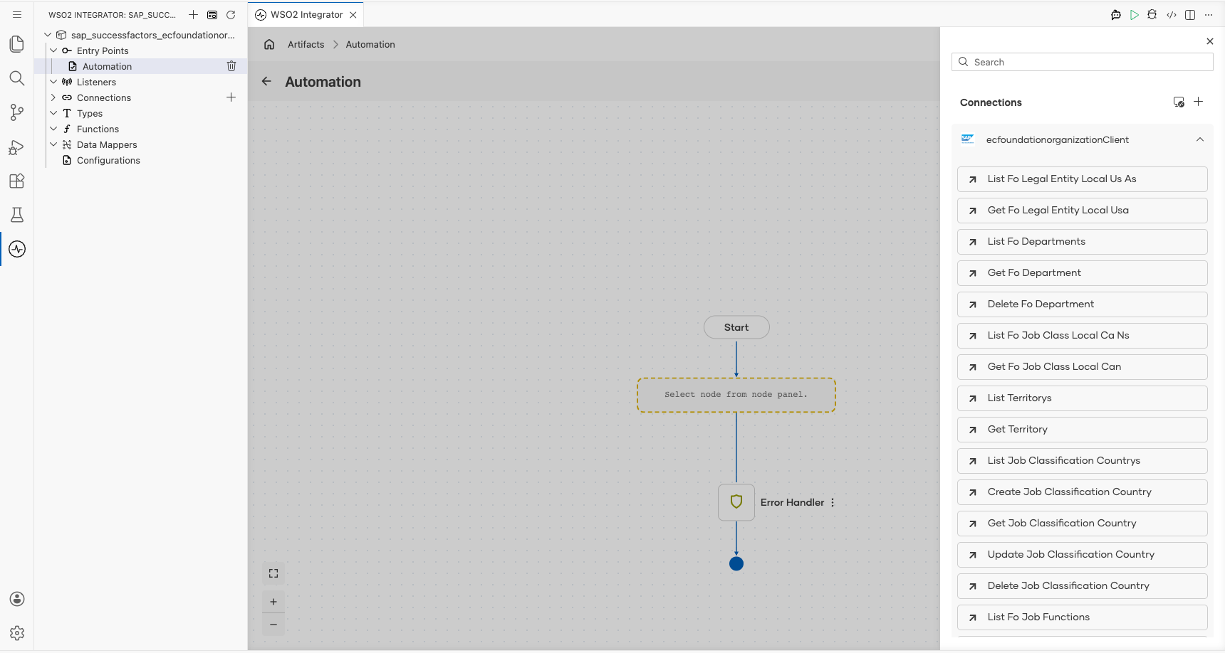 SAP SuccessFactors Employee Central Foundation Organization connection expanded to display operations before selection