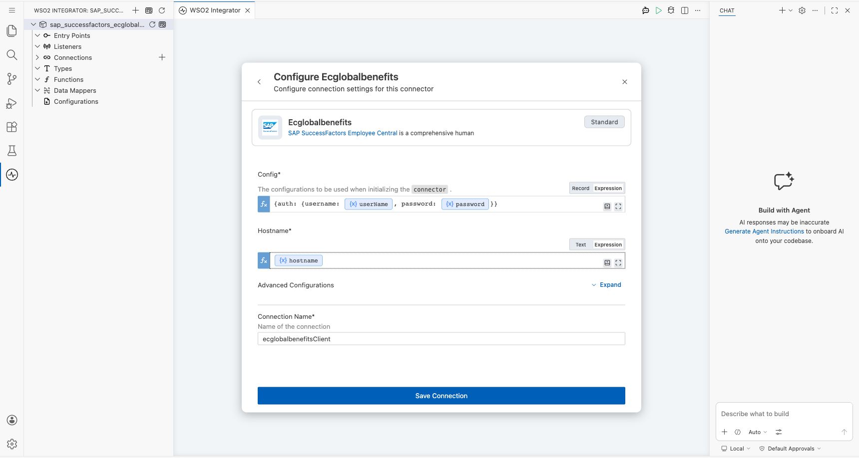 SAP SuccessFactors Employee Central Global Benefits connection form with all parameters bound before saving