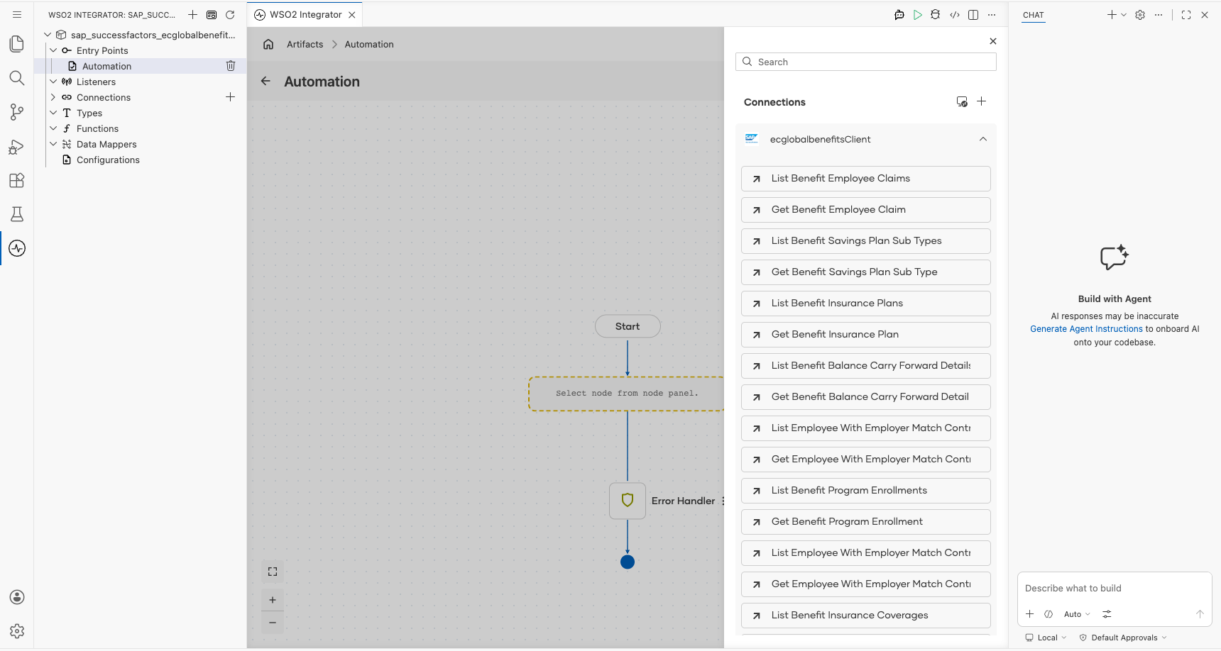 SAP SuccessFactors Employee Central Global Benefits connection expanded to display operations before selection