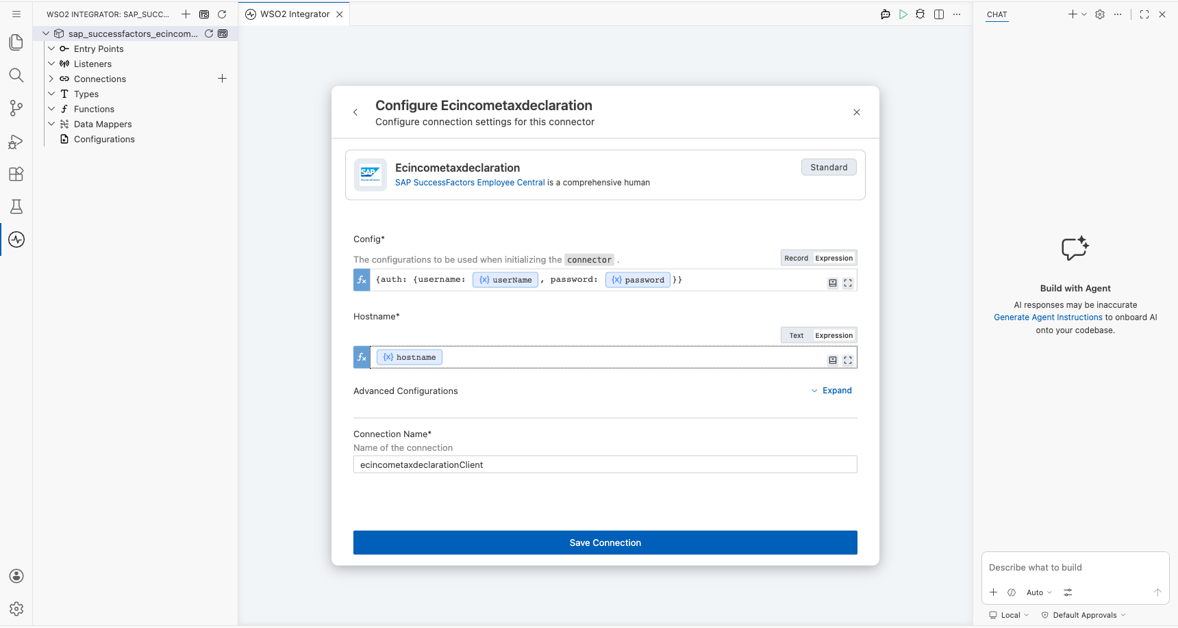 SAP SuccessFactors Employee Central Income Tax Declaration connection form with all parameters bound before saving