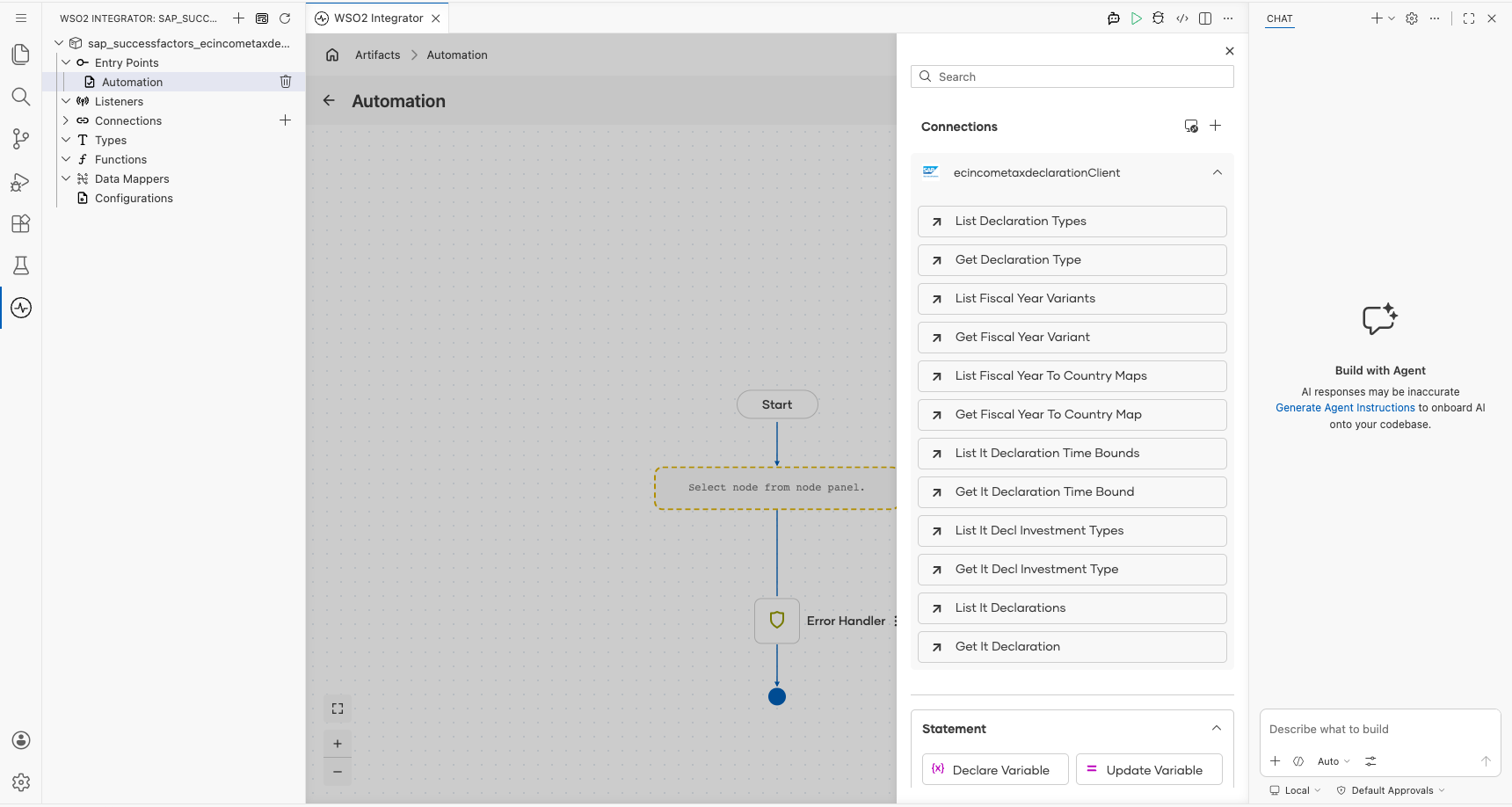 SAP SuccessFactors Employee Central Income Tax Declaration connection expanded to display operations before selection
