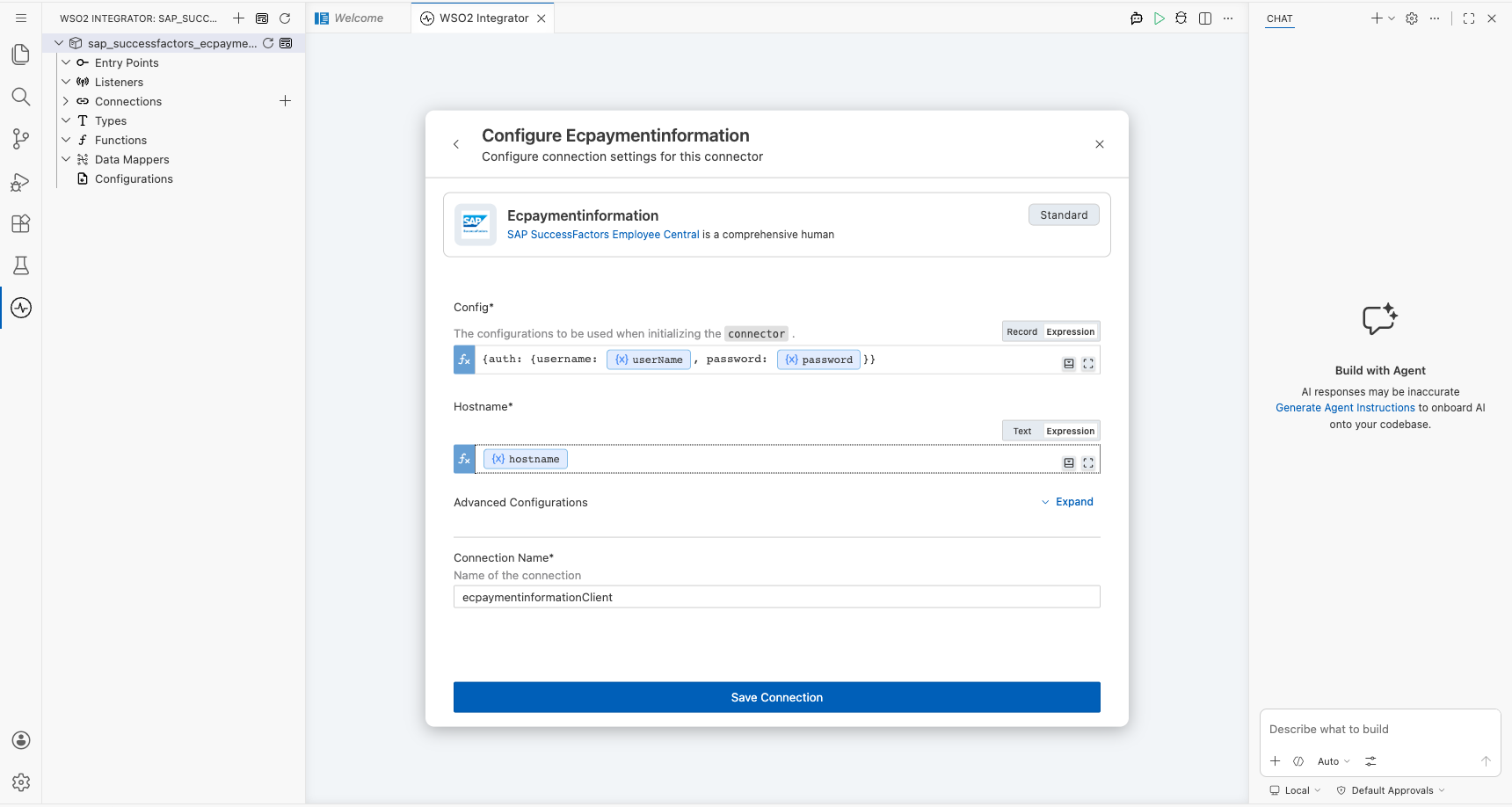 SAP SuccessFactors Employee Central Payment Information connection form with all parameters bound before saving