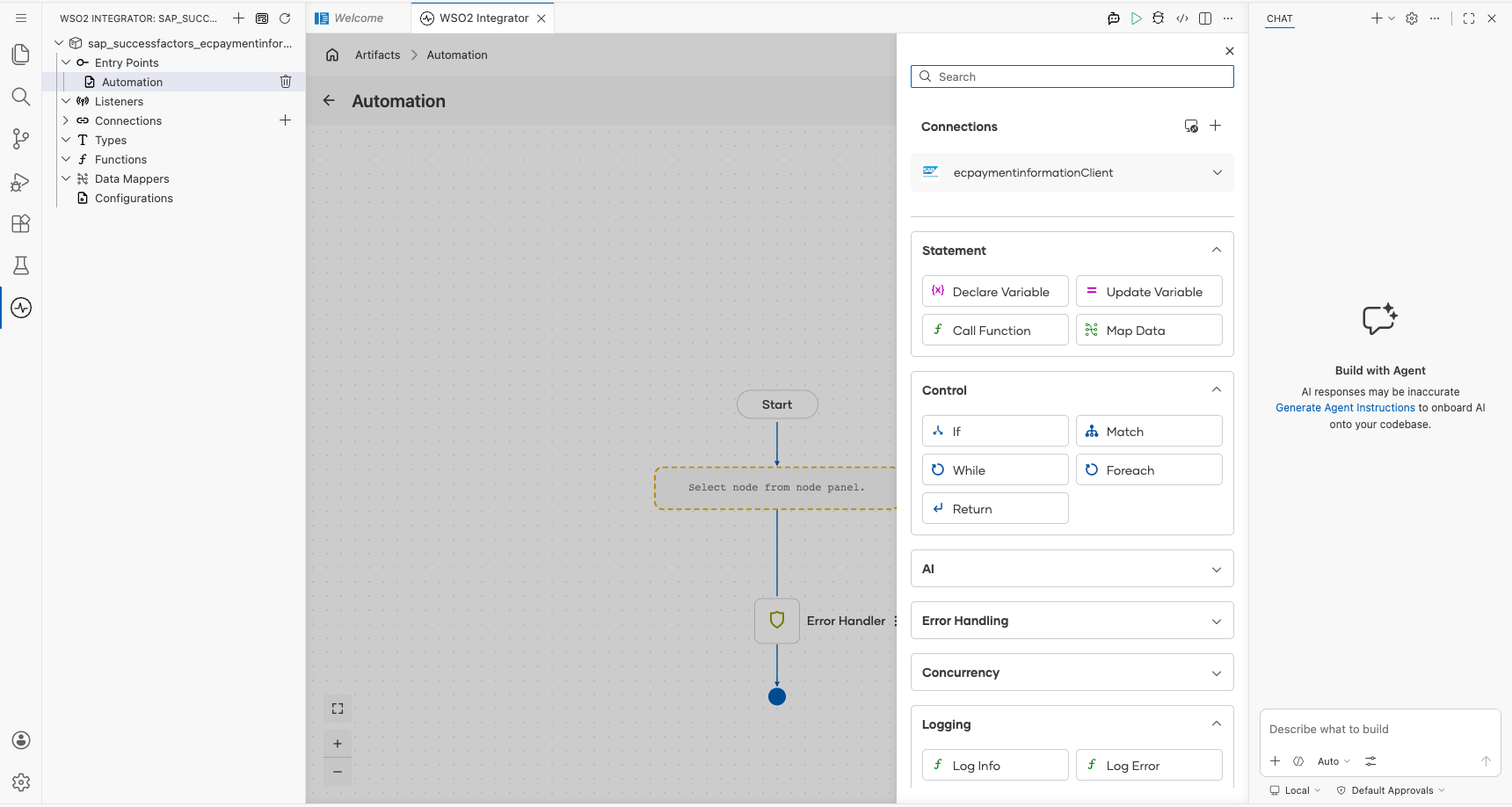 SAP SuccessFactors Employee Central Payment Information connection expanded to display operations before selection