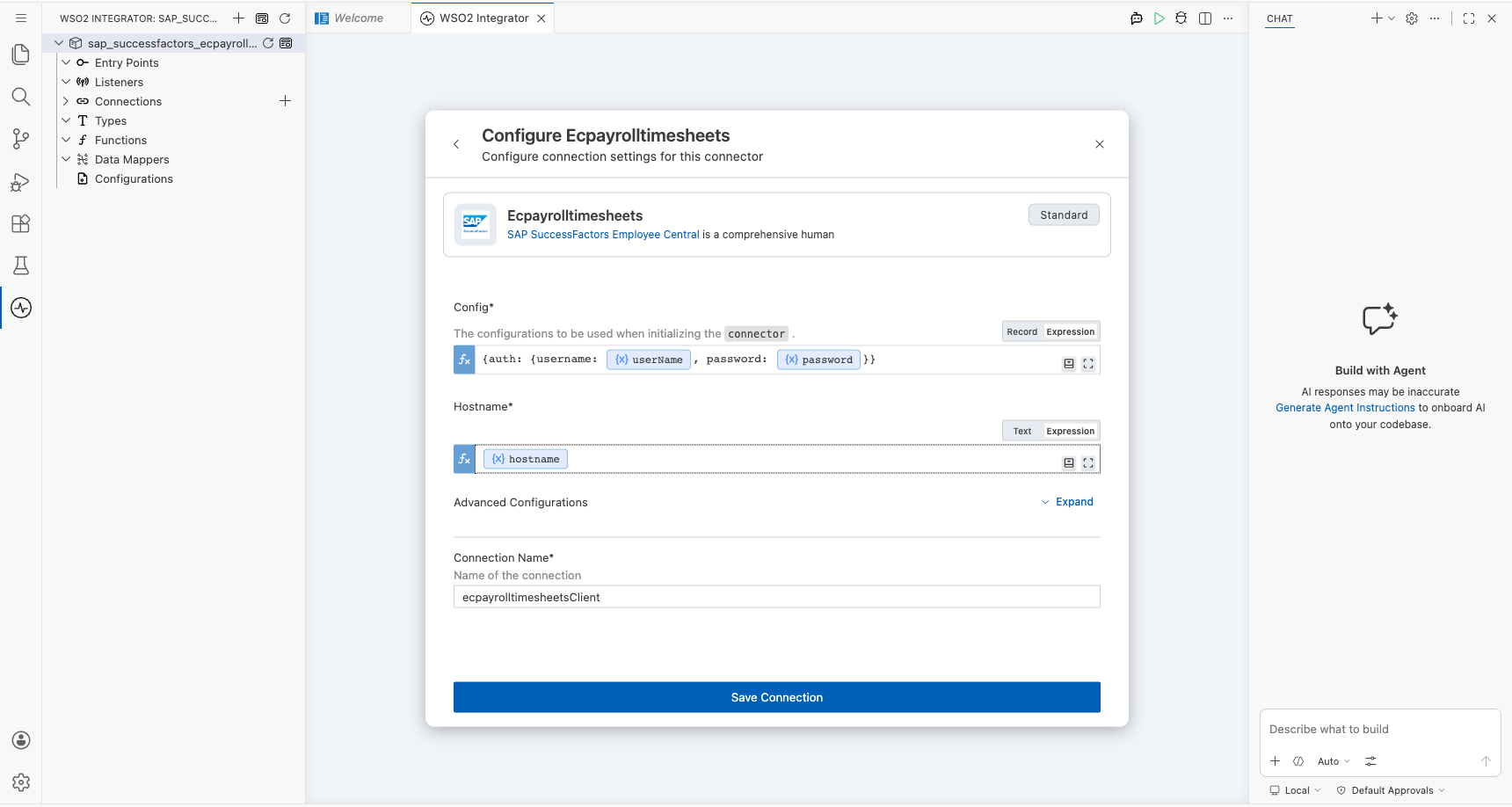 SAP SuccessFactors Employee Central Payroll Time Sheets connection form with all parameters bound before saving