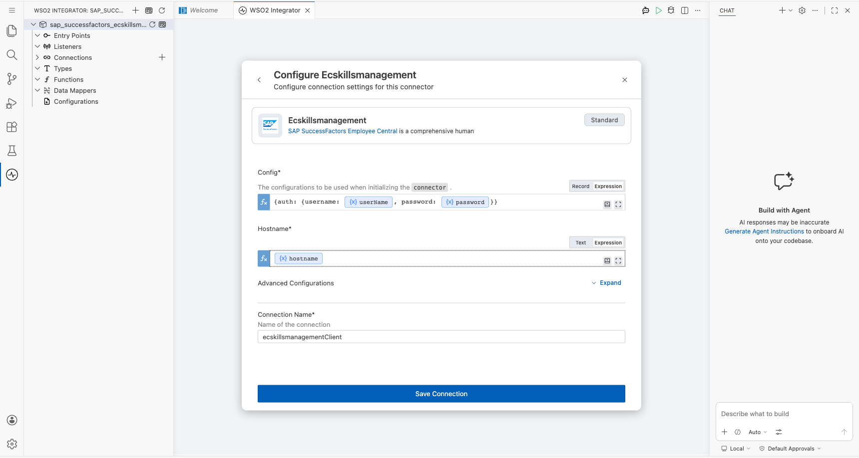SAP SuccessFactors Employee Central Skills Management connection form with all parameters bound before saving