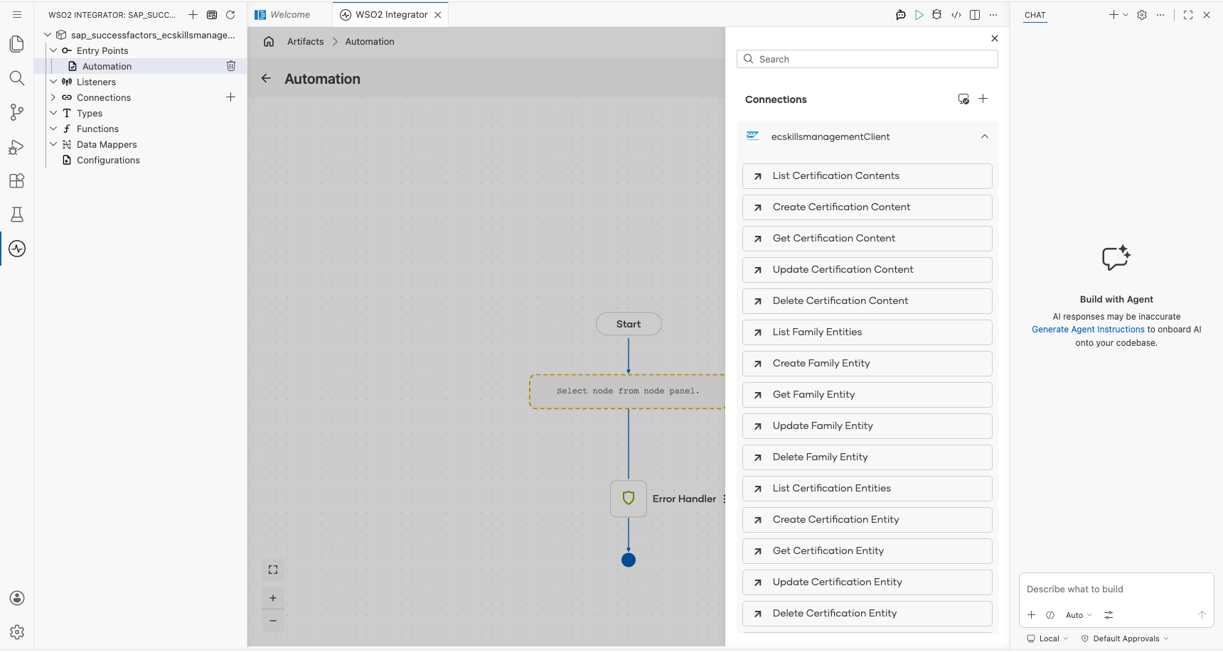 SAP SuccessFactors Employee Central Skills Management connection expanded to display operations before selection