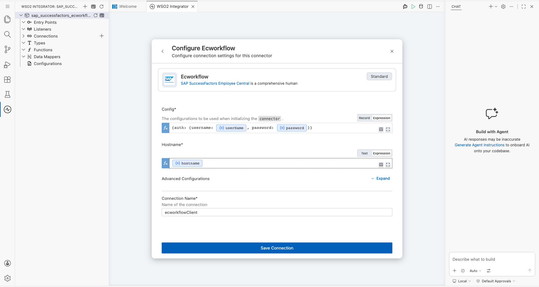 SAP SuccessFactors Employee Central Workflow connection form with all parameters bound before saving