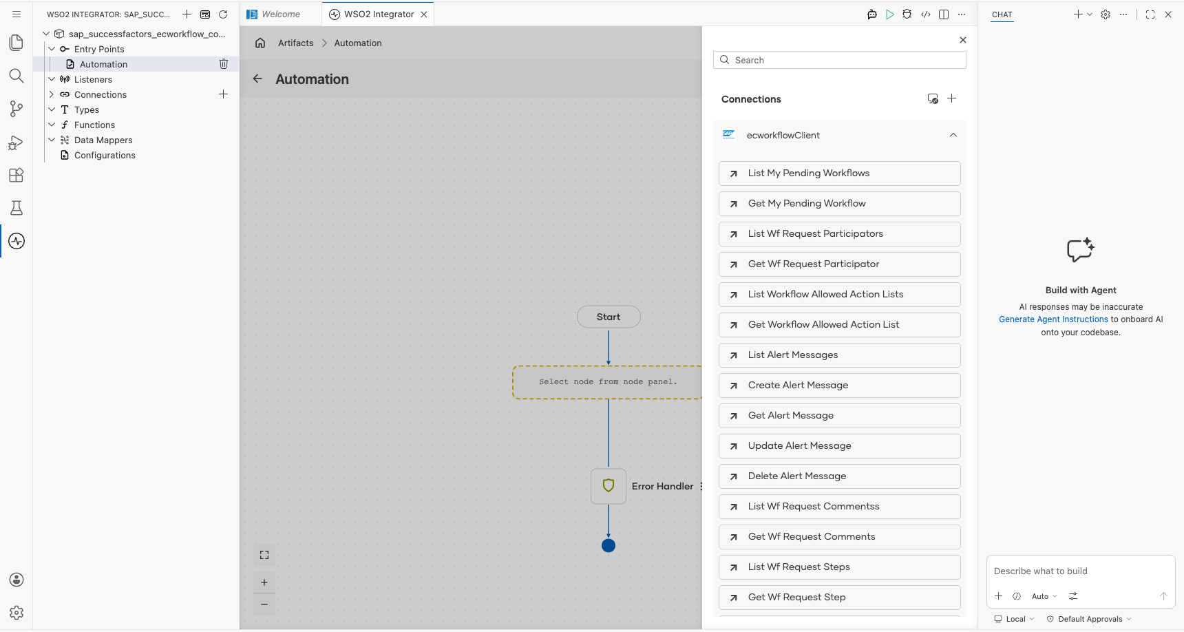SAP SuccessFactors Employee Central Workflow connection expanded to display operations before selection
