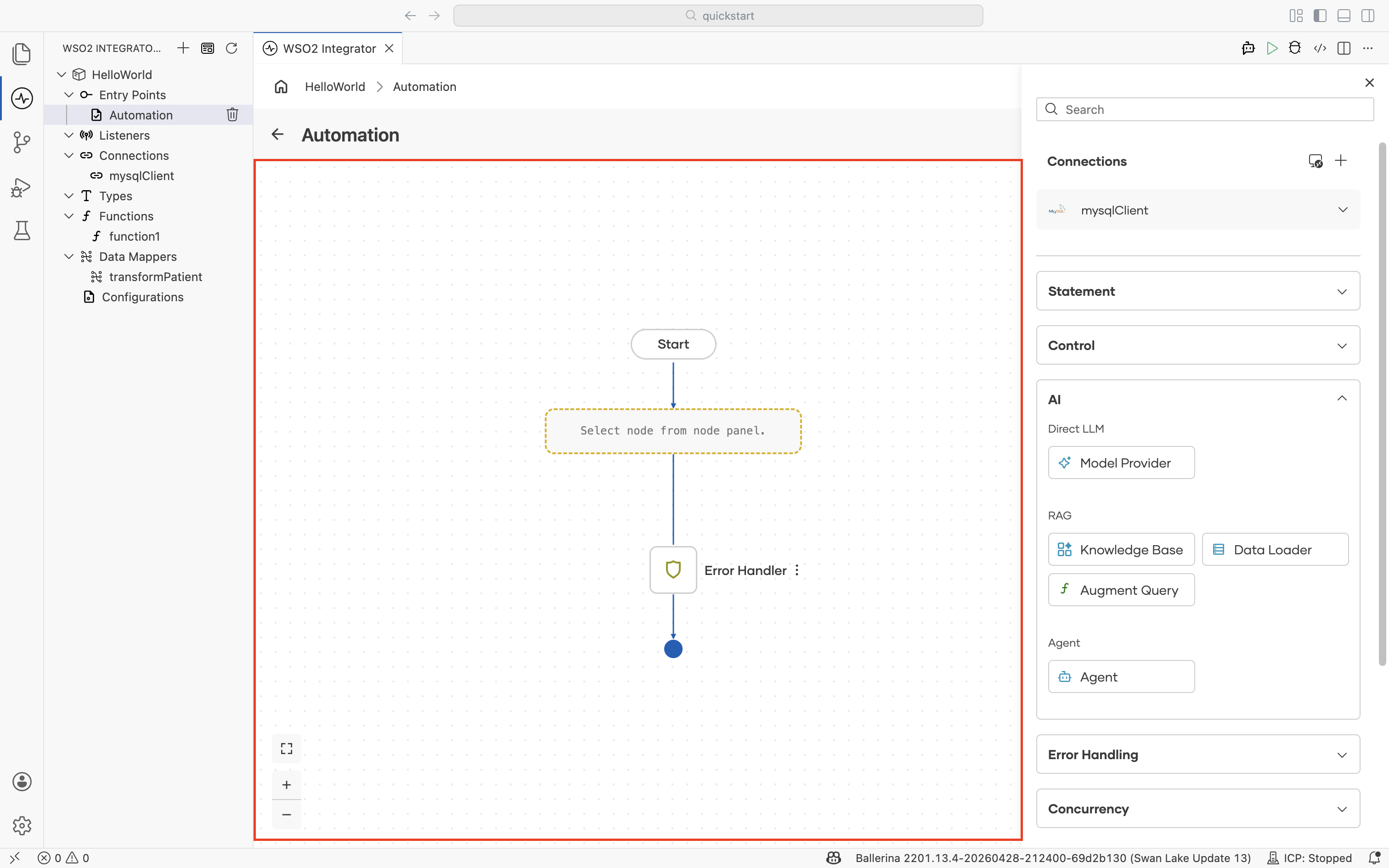 Canvas with Start, intermediate nodes, and an end terminator