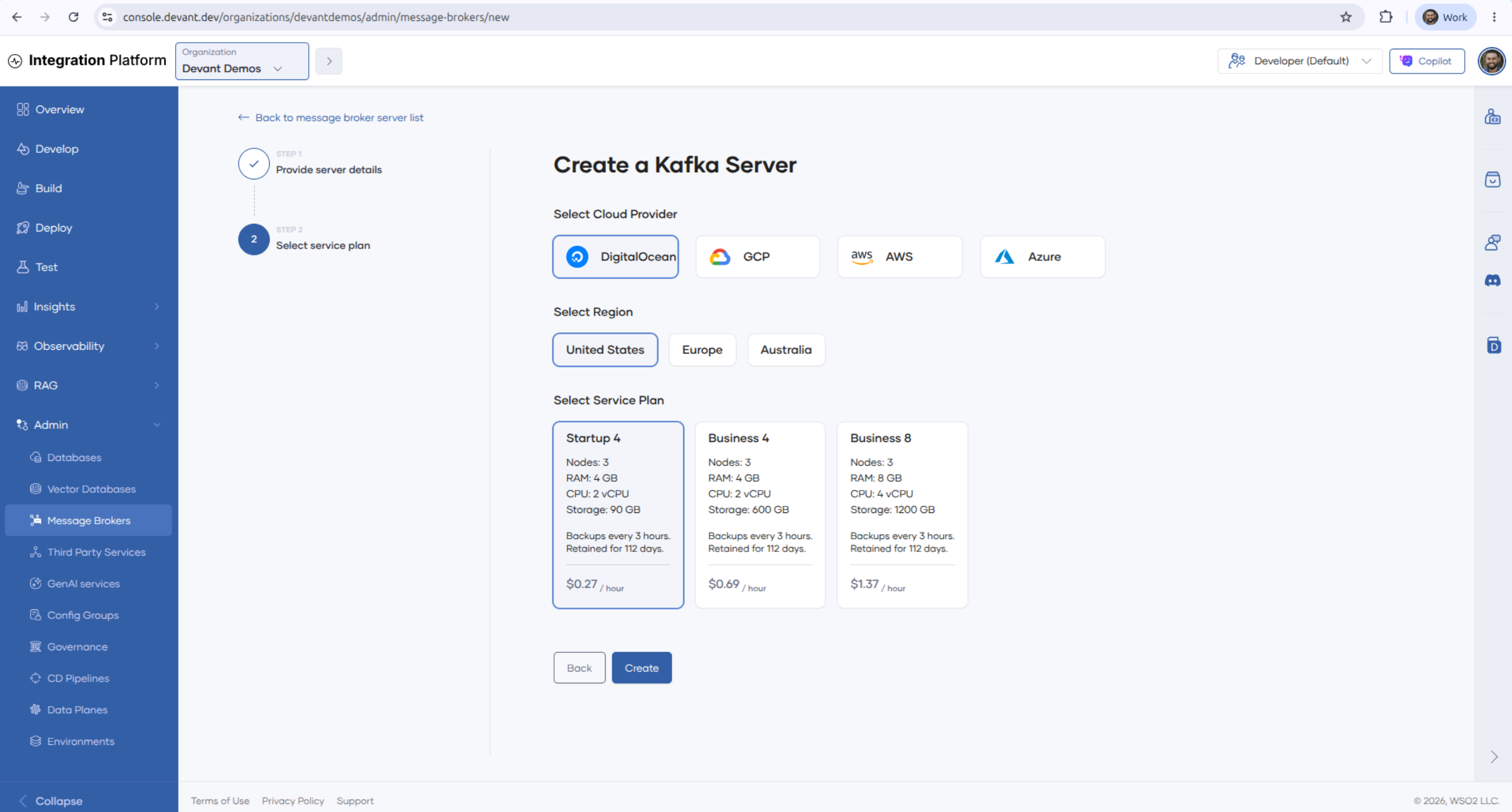 Select the cloud provider, region, and service plan for a Kafka server