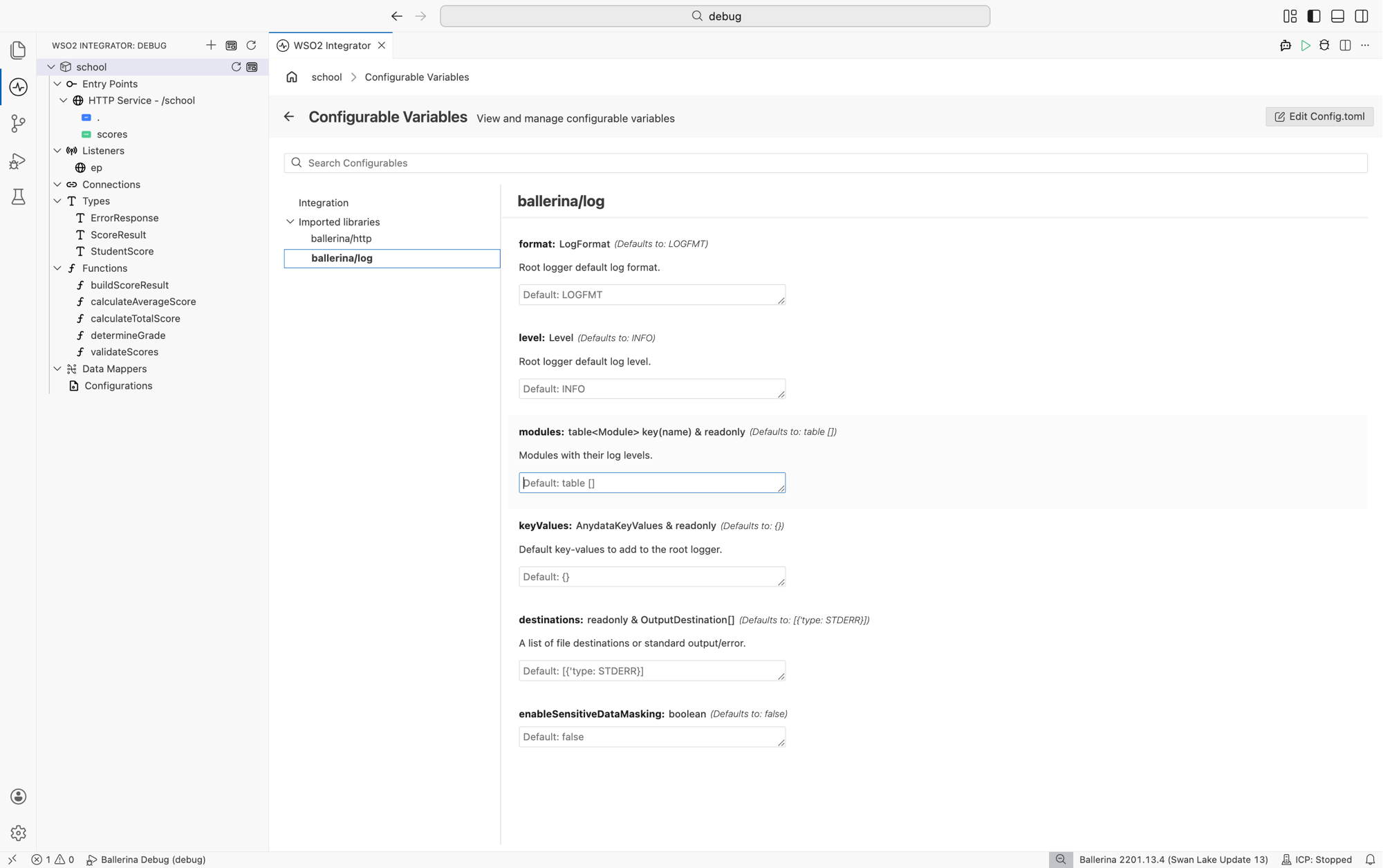 Configurable Variables panel showing the ballerina/log options