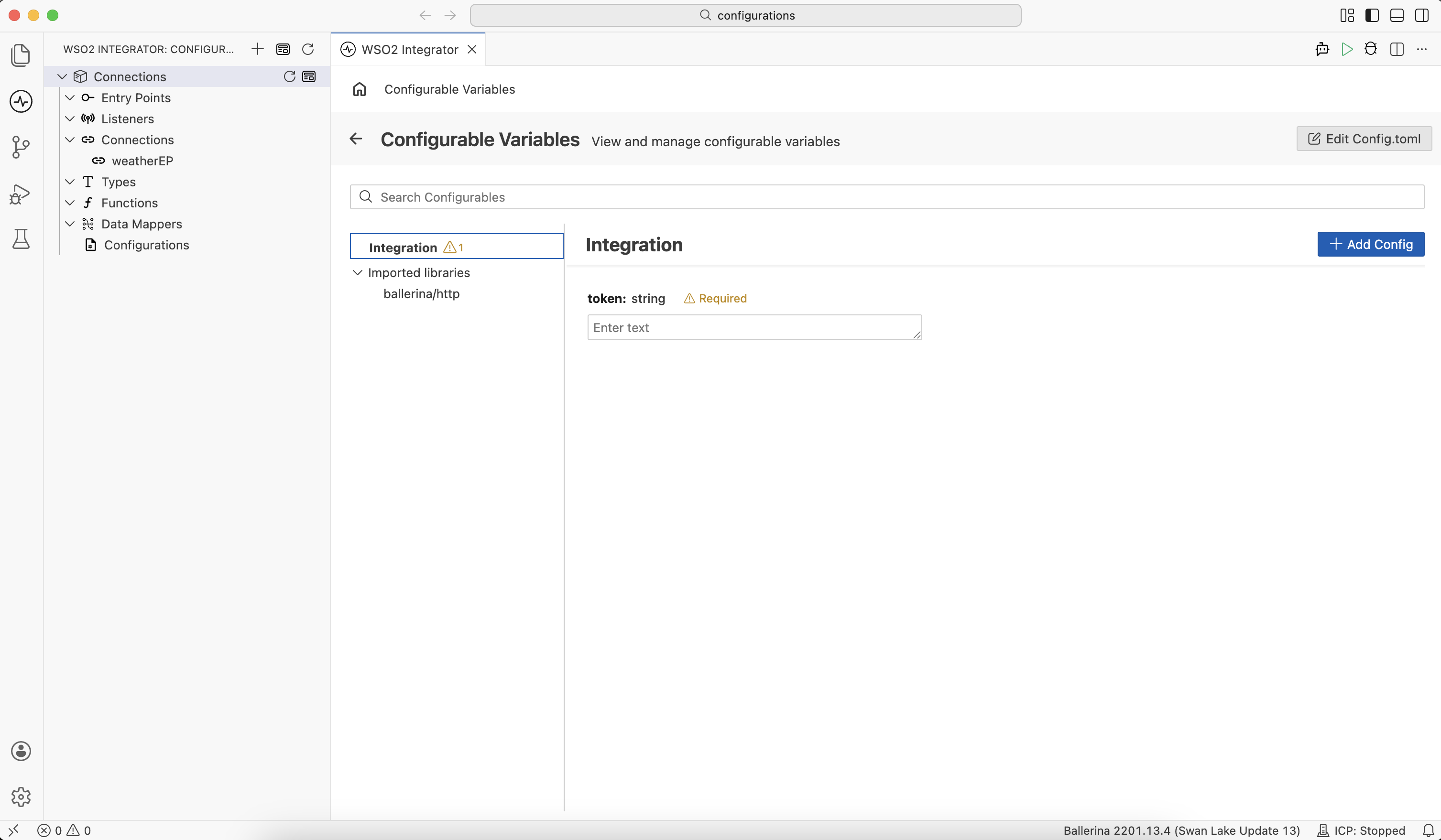 Configurable Variables panel showing variables grouped by Integration and Imported libraries