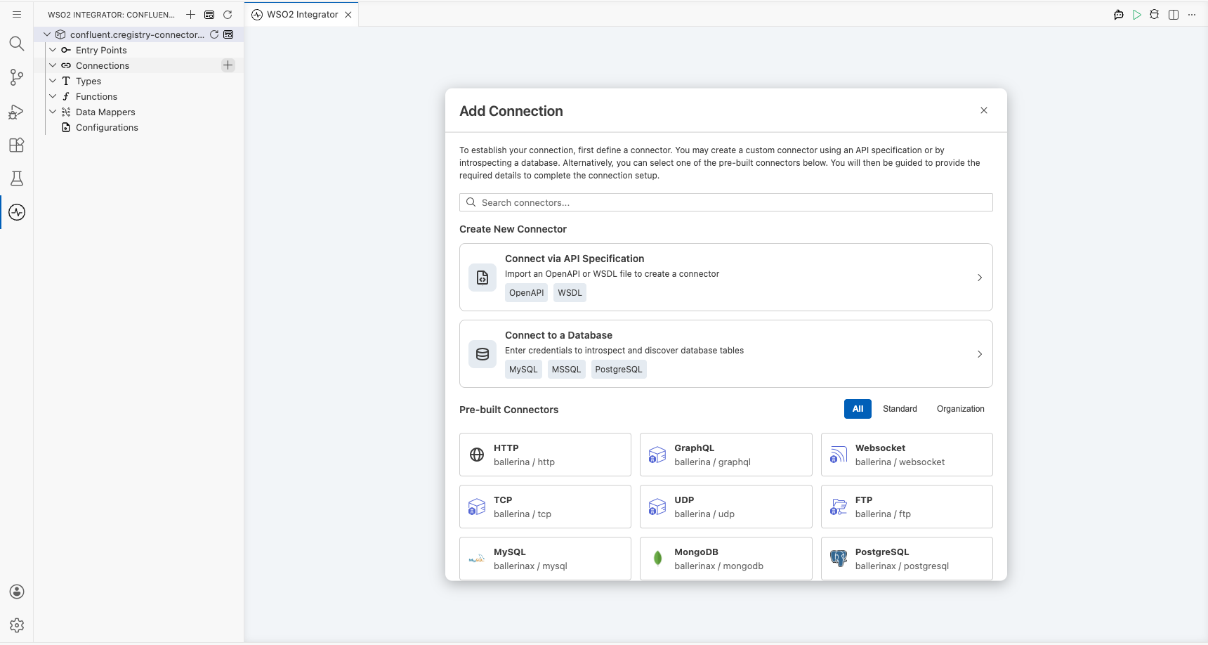 Confluent Schema Registry connector palette open with search field before any selection