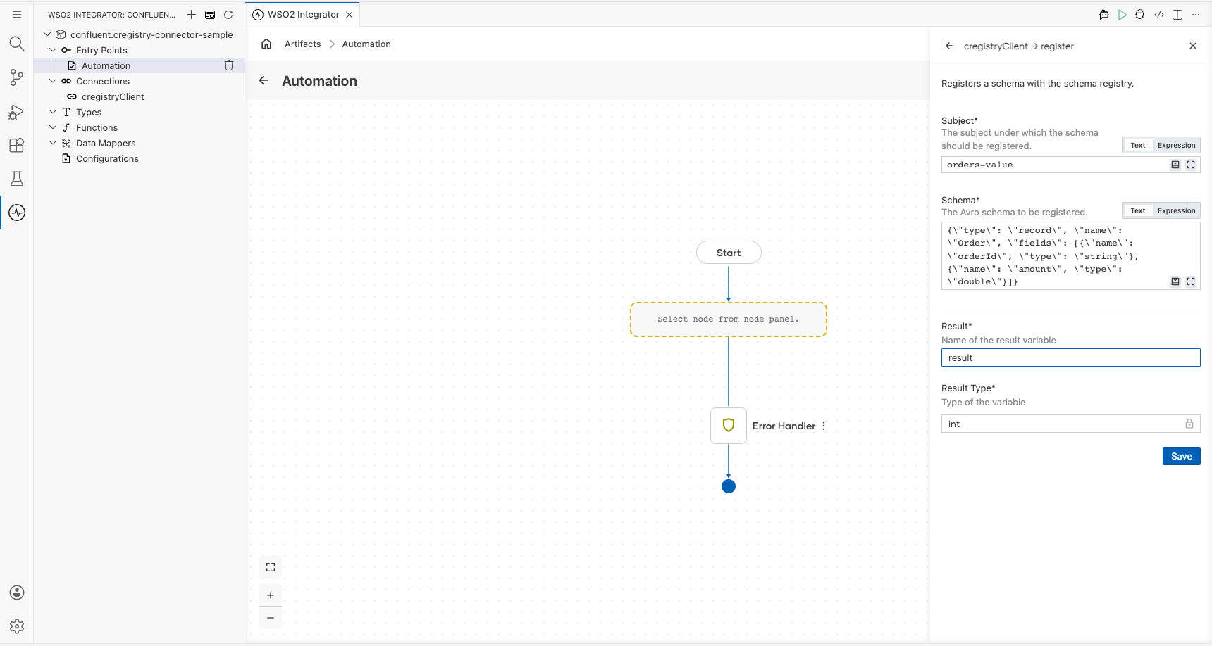 Confluent Schema Registry Register operation configuration filled with all values