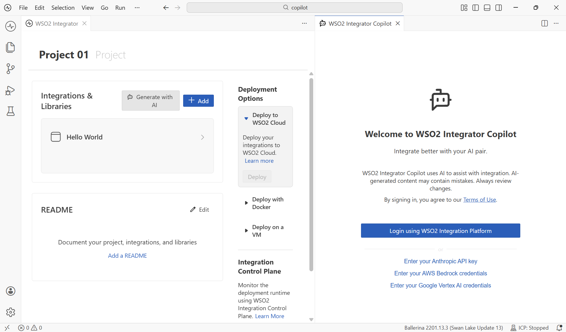 WSO2 Integrator Copilot welcome screen