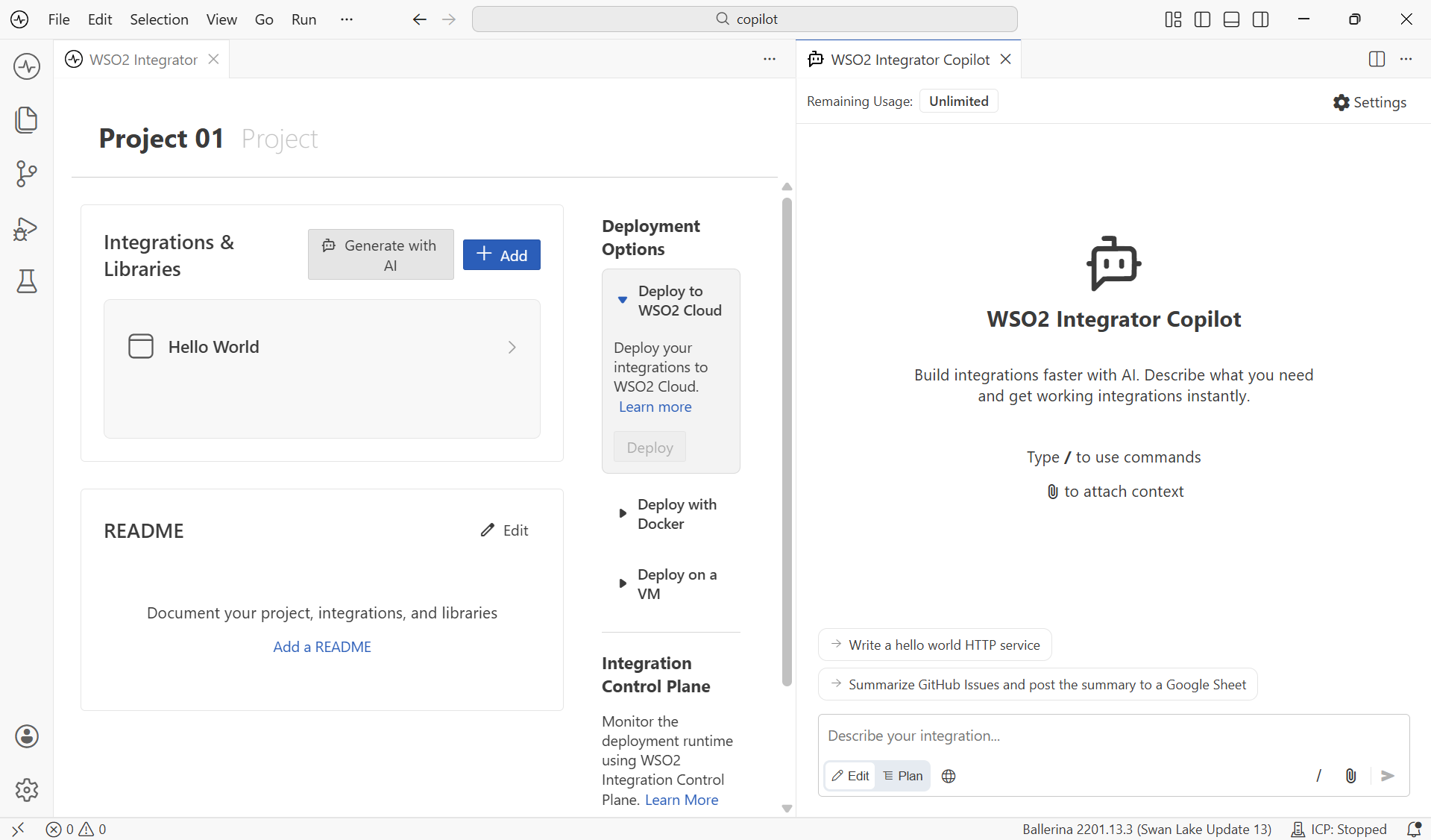 WSO2 Integrator Copilot signed in