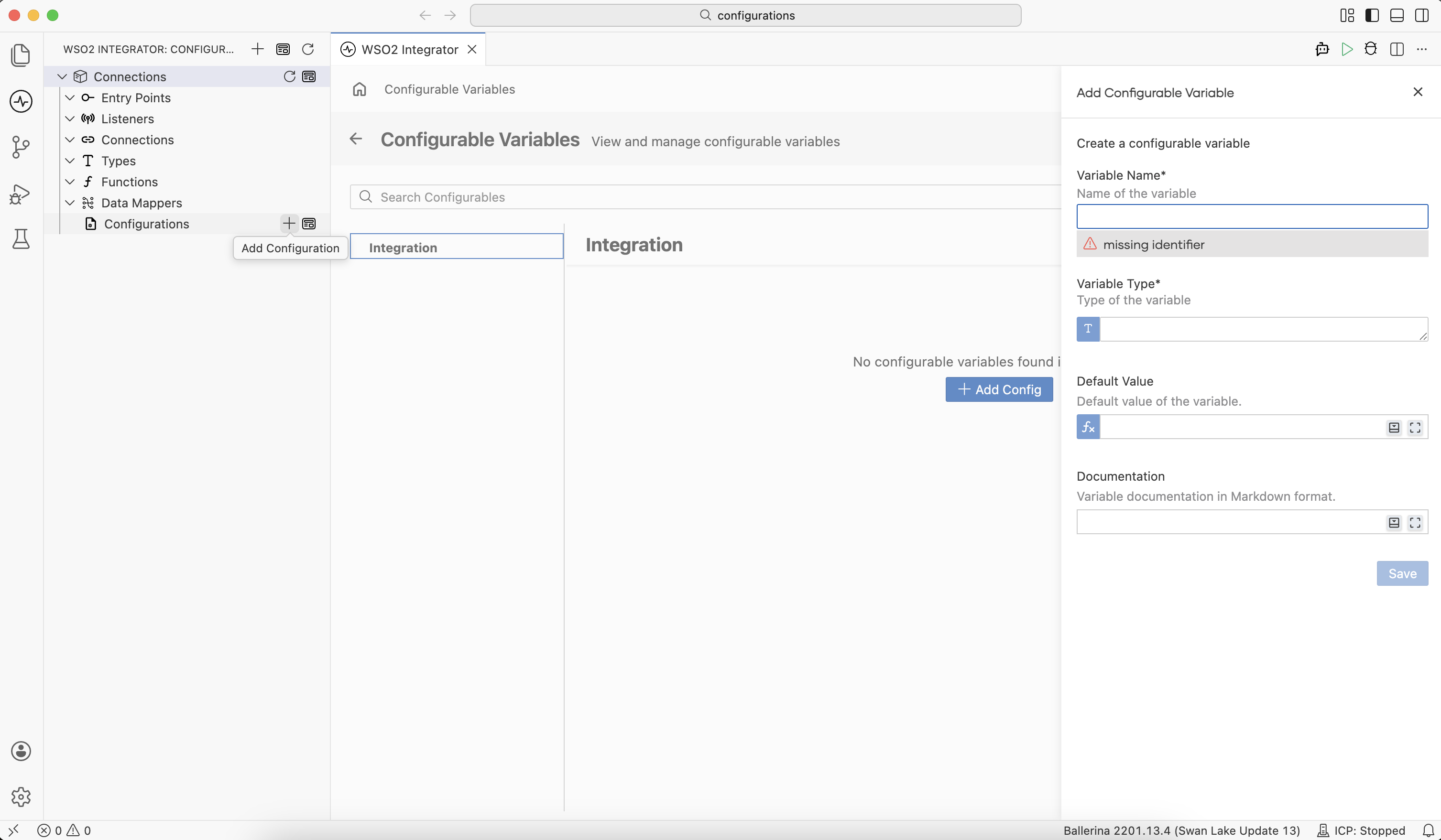 Add Configurable Variable form showing Variable Name, Variable Type, Default Value, and Documentation fields