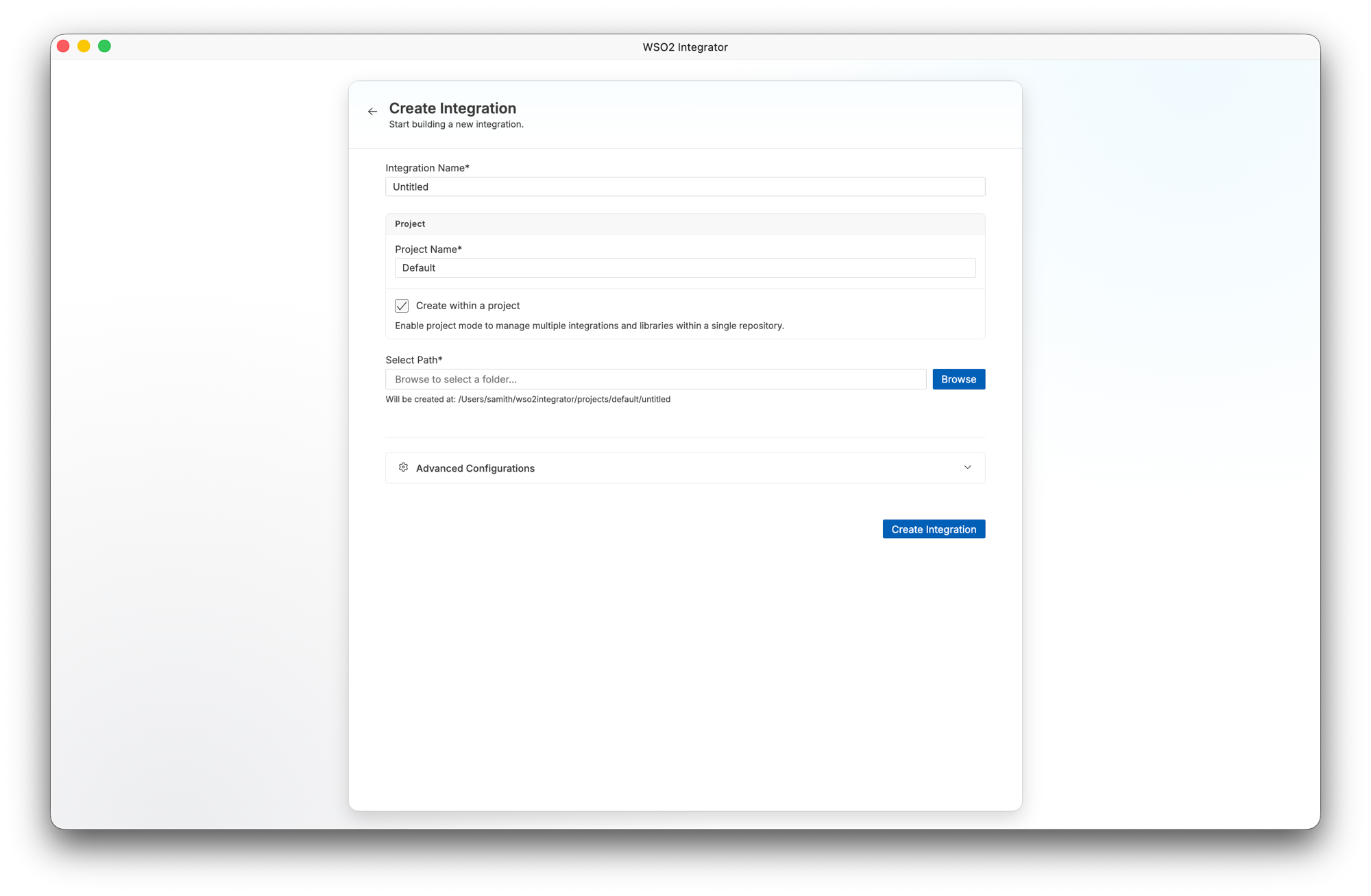 Create Integration form